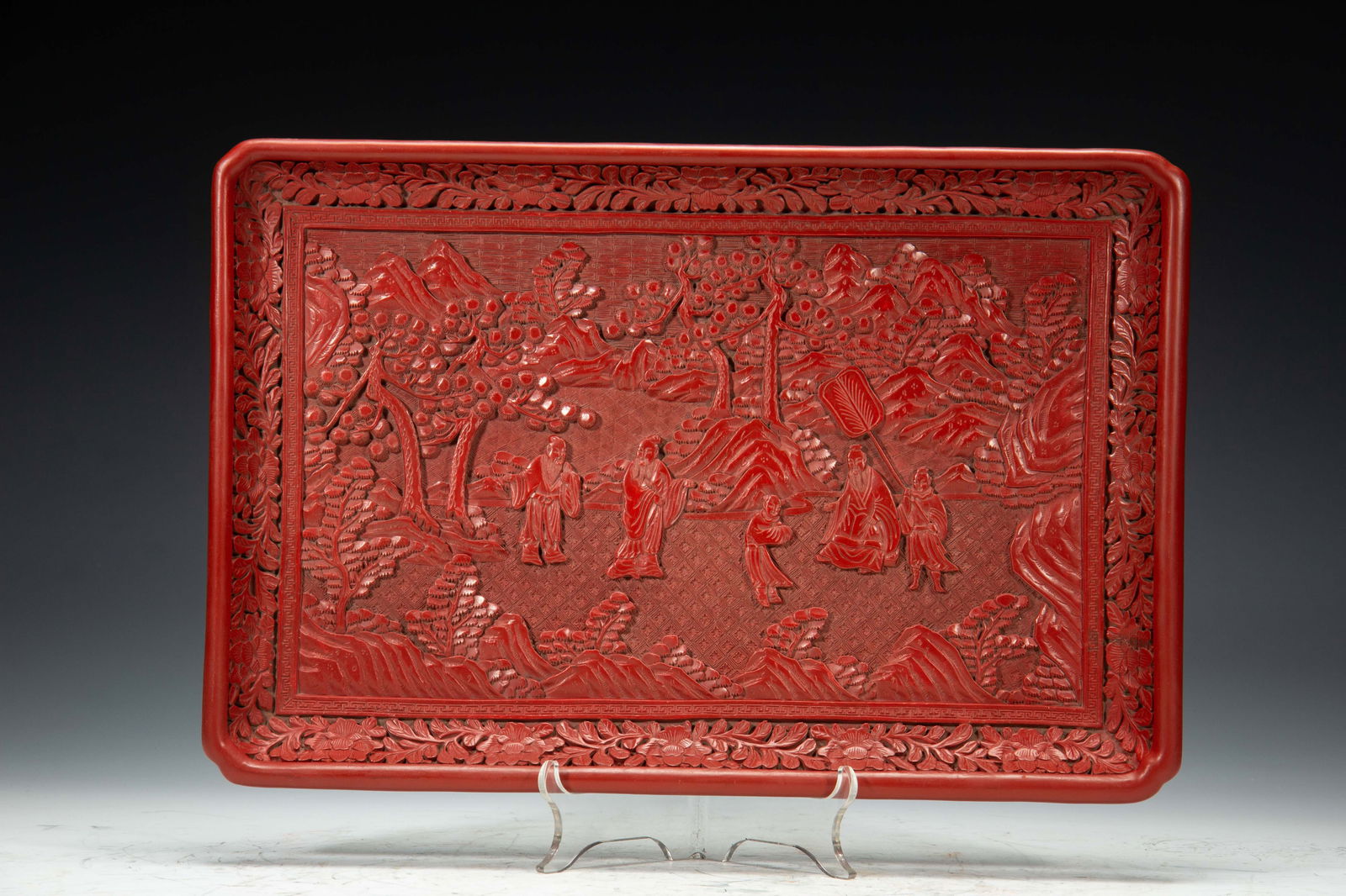 A CARVED CINNABAR LACQUER RECTANGULAR TRAY (1 of 7)