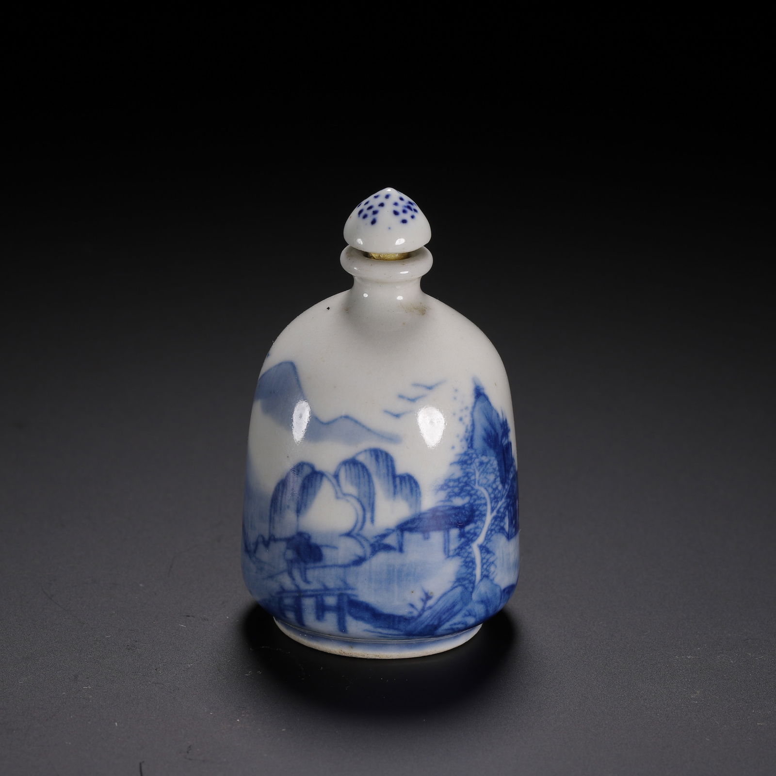 A BLUE AND WHITE LANDSCAPE SNUFF BOTTLE WITH COVER (1 of 9)