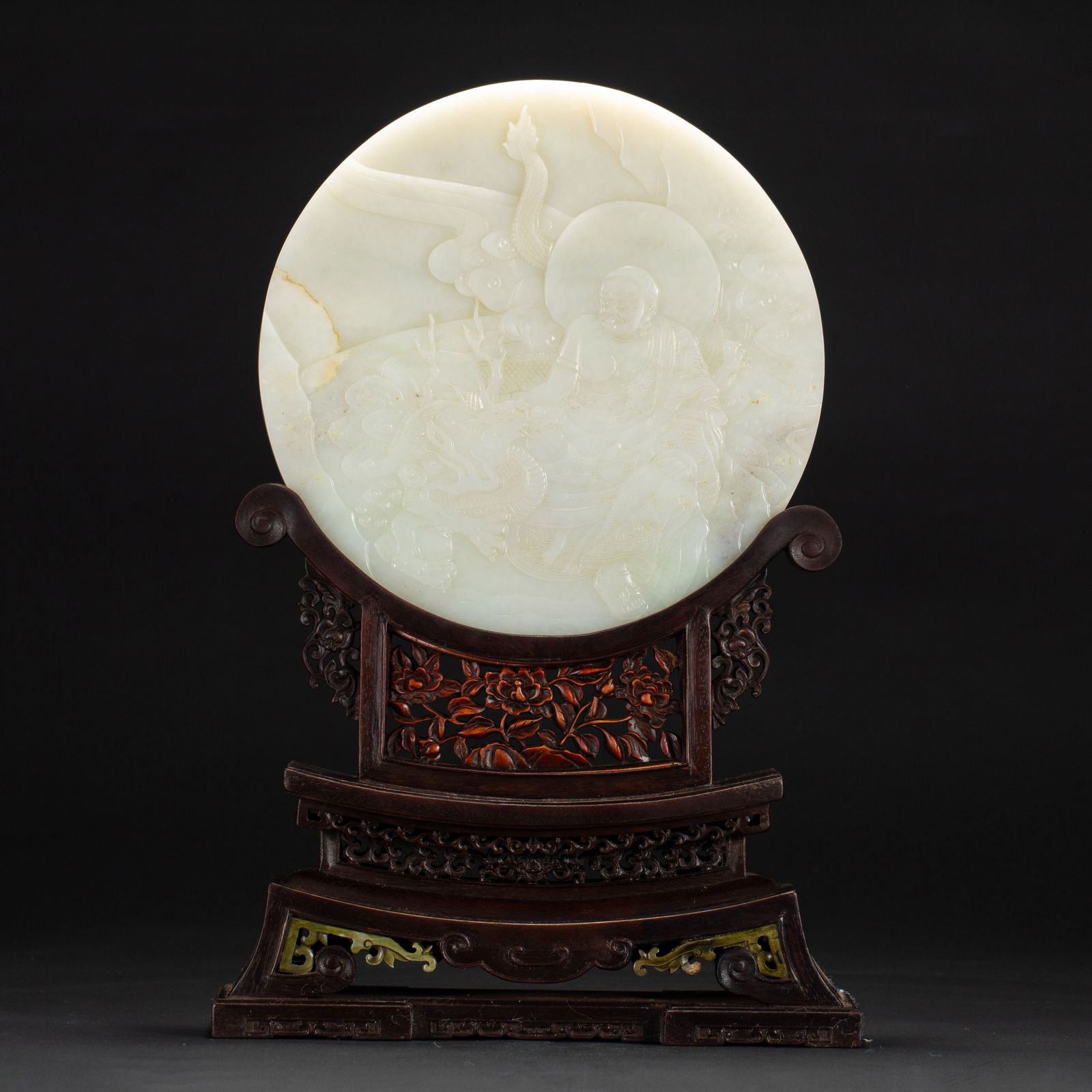 A CARVED WHITE JADE PLAQUE WOODEN INLAID TABLE SCREEN (1 of 10)