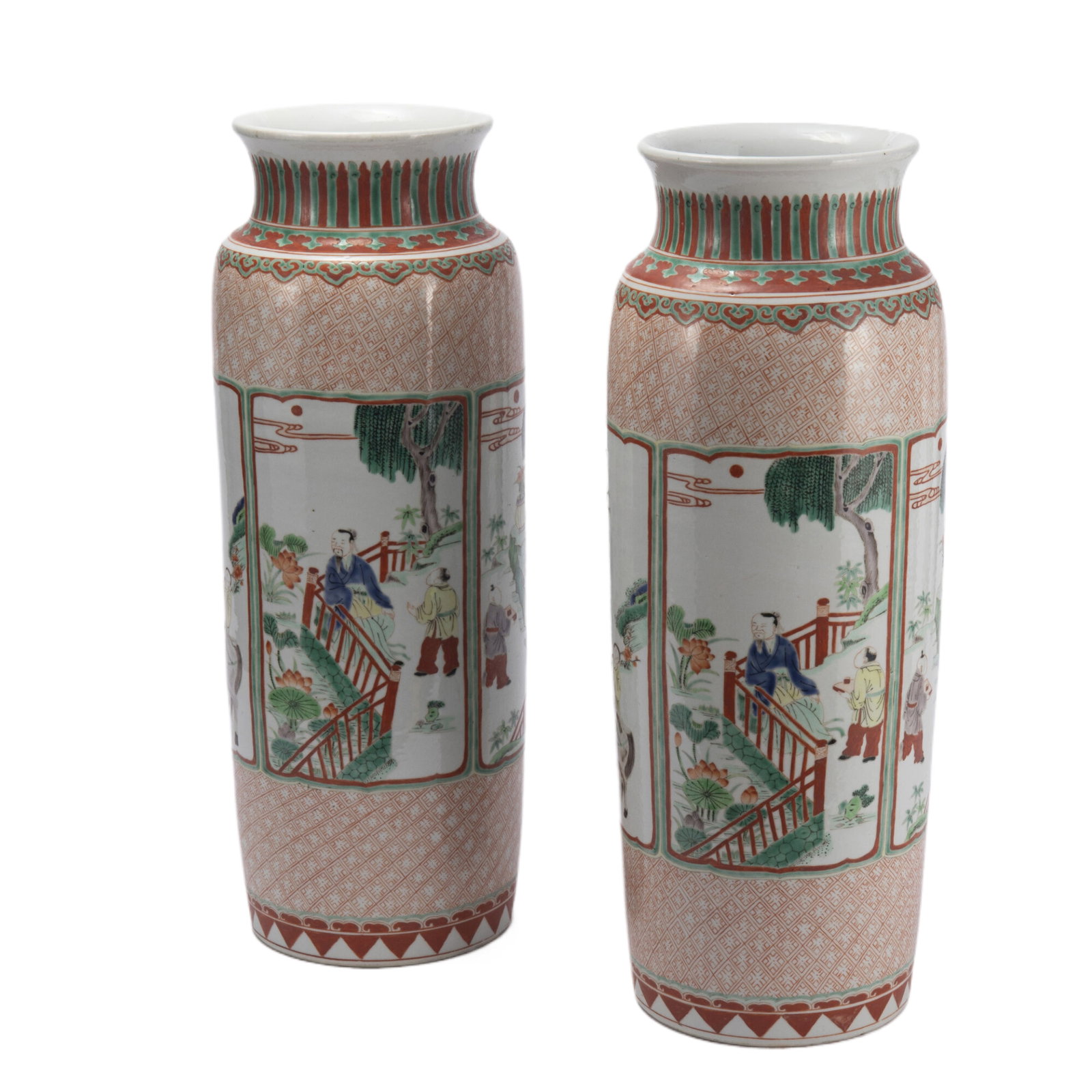 PAIR CHINESE WUCAI GLAZE SLEEVE VASES: PAIR CHINESE WUCAI GLAZE SLEEVE VASES The vase is decorated with a figural story in reserved windows, surrounded with stylized diaper ground. DIMENSIONS: Caliber. 14.5 Bottom diameter. 15.7 cm. H. 47.