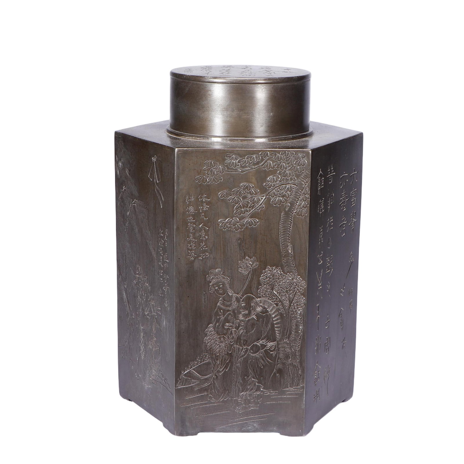 A Chinese Pewter Figural Story Tea Caddy (1 of 9)