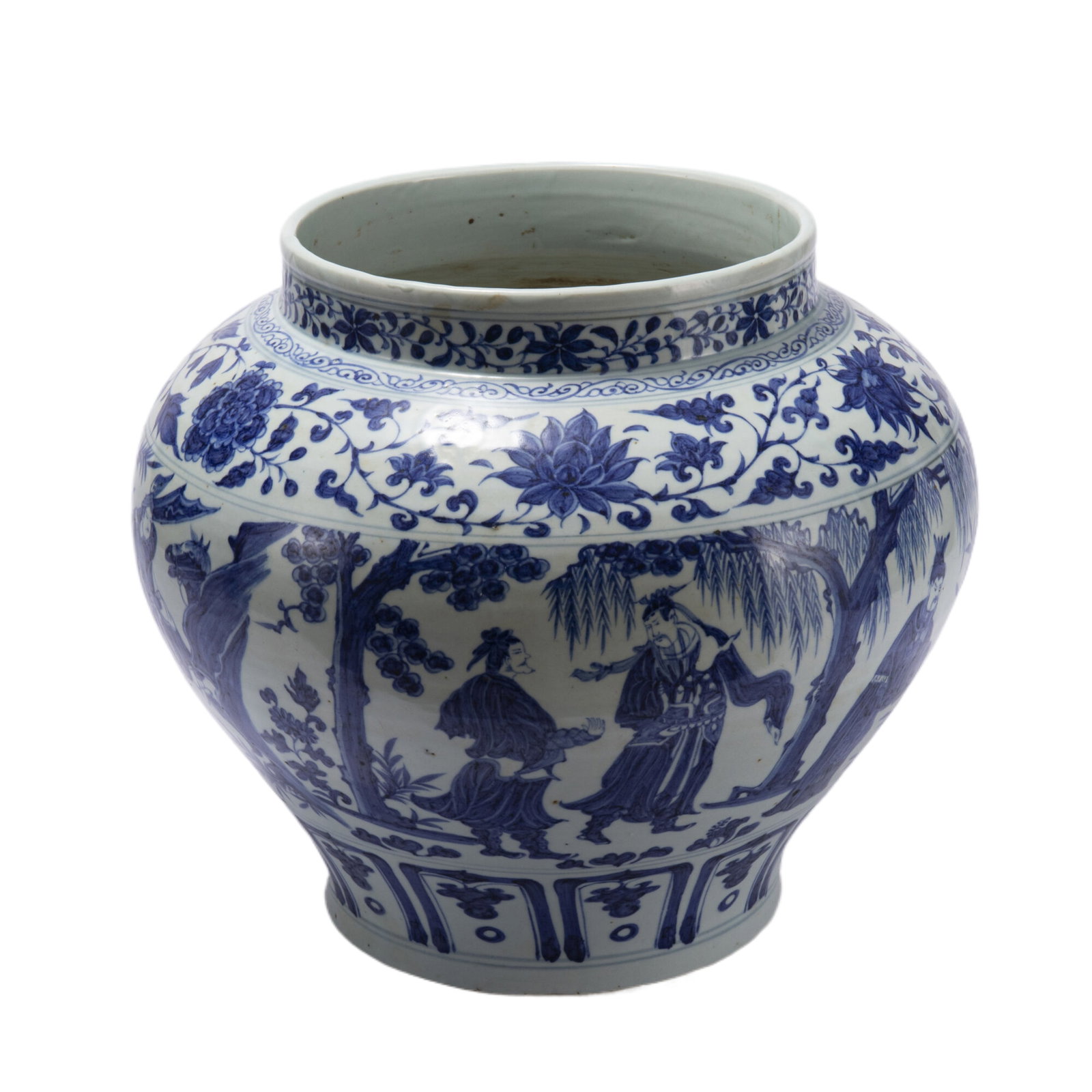A CHINESE BLUE AND WHITE PORCELAIN JAR: A CHINESE BLUE AND WHITE PORCELAIN JAR The pot has a straight mouth, a short neck, a round belly, a slight outward tilt near the bottom, and a circle foot. With blue and white decoration, the figure s