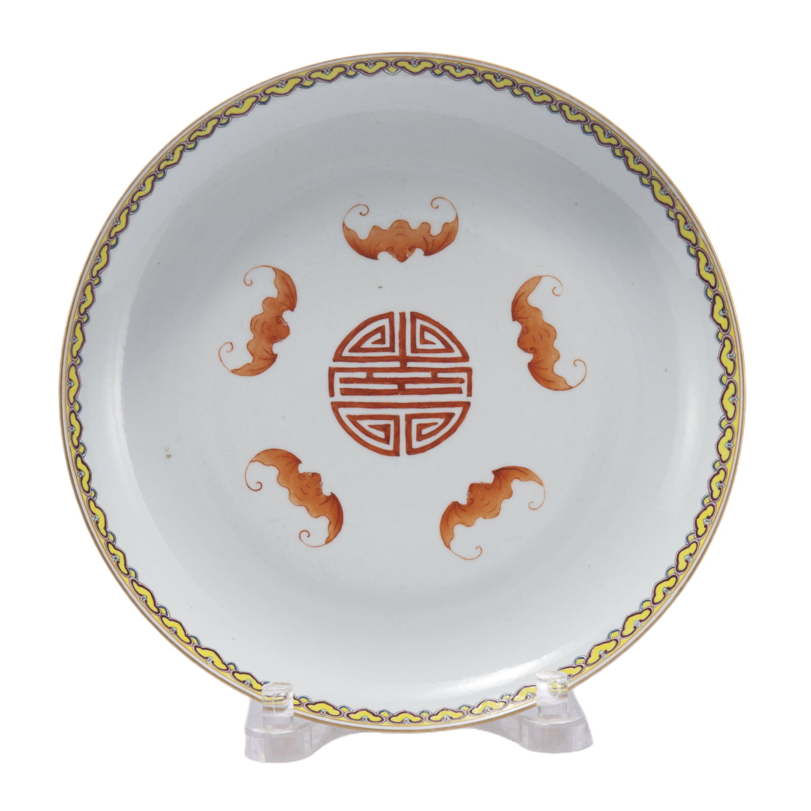 A CHINESE FAMILLE ROSE PORCELAIN DISH,JIAQING: A CHINESE FAMILLE ROSE PORCELAIN DISH,JIAQING With rounded side, decorating interior with five bats encircled a longevity symbol, a ruyi head collar surrounded at the rim. DIMENSIONS: Diam. 33.9 cm. H