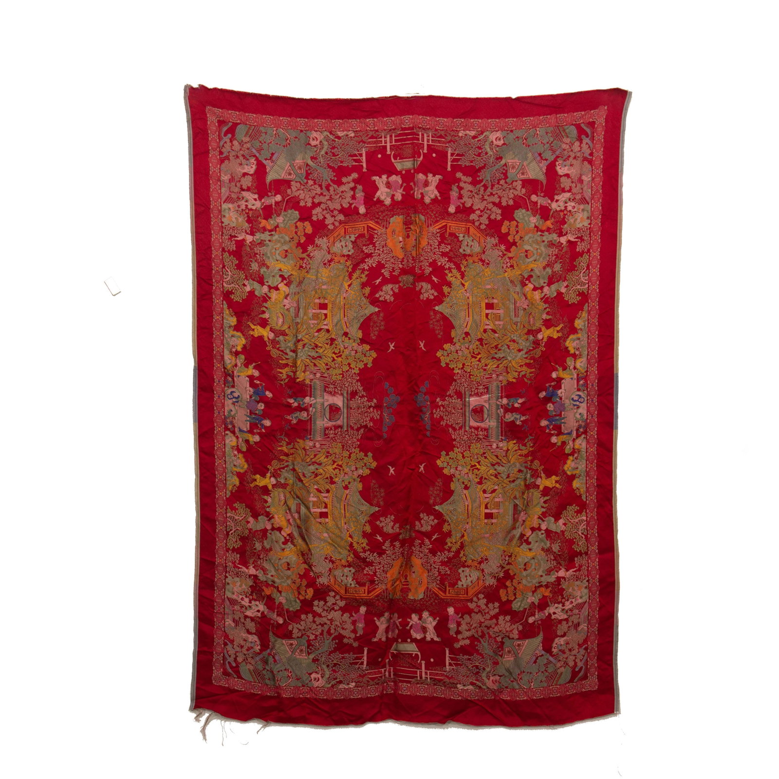 Chinese Embroidered Brocade Panel with Pavilion and Floral Motifs (1 of 10)