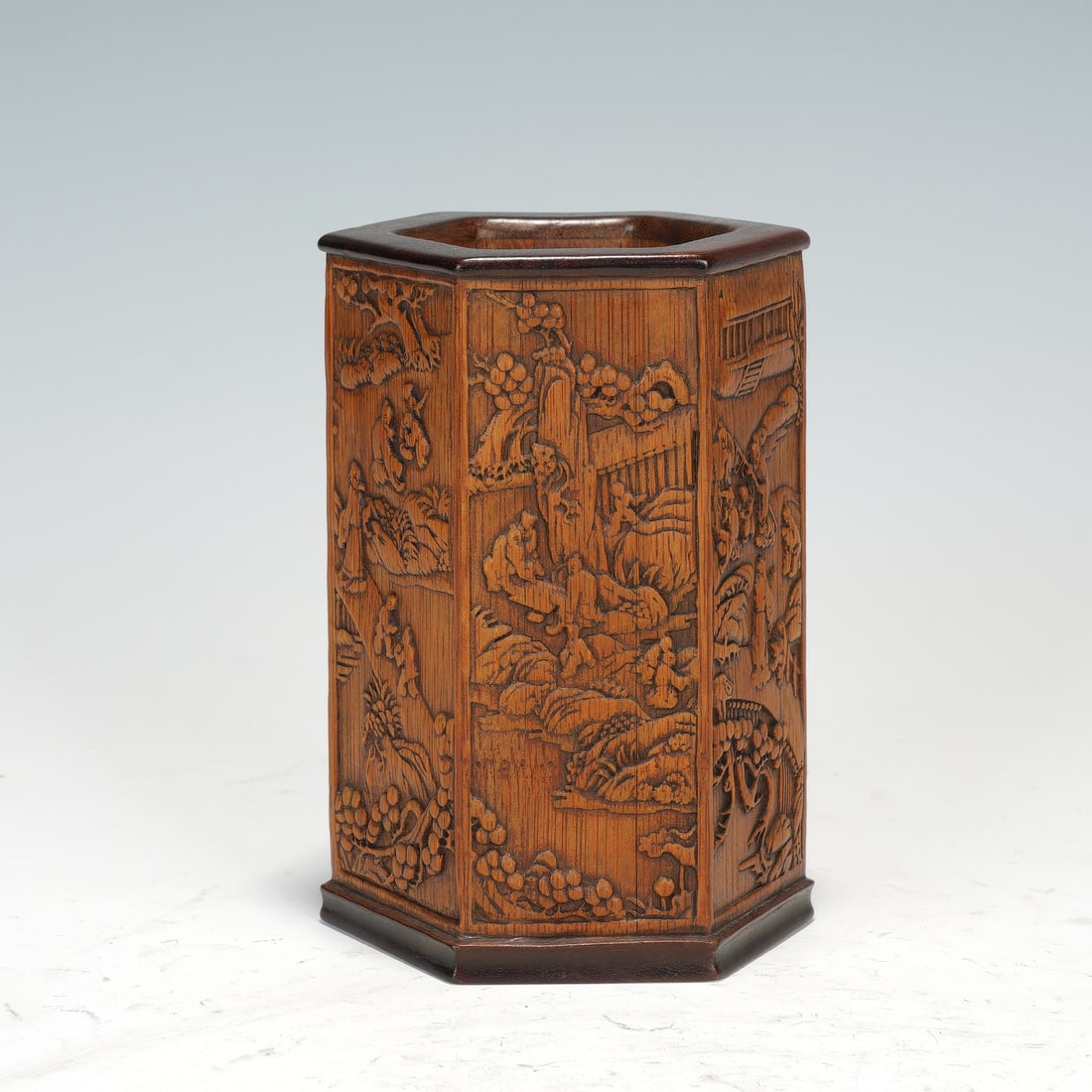Chinese Hexagonal Bamboo Carved Figural Brush Pot (1 of 8)