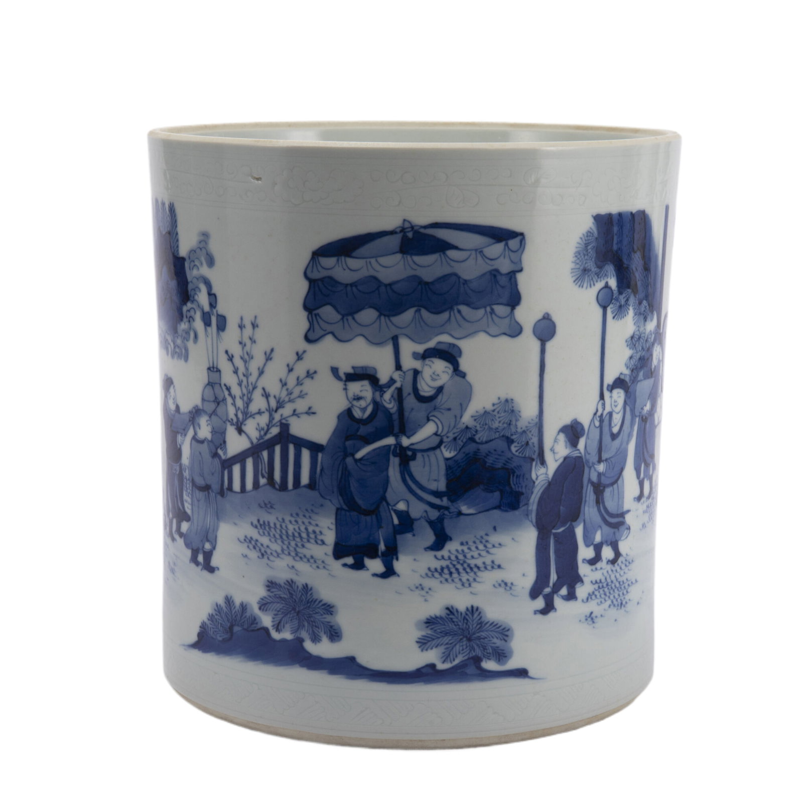 A CHINESE BLUE AND WHITE FIGURAL STORY BRUSHPOT: A CHINESE BLUE AND WHITE FIGURAL STORY BRUSHPOT Of cylindrical form, painted on the exterior with the figural story among landscape. DIMENSIONS: L. 20 cm. W. 21.3 cm. Weight 3380 grams. HAVE A SIMILAR