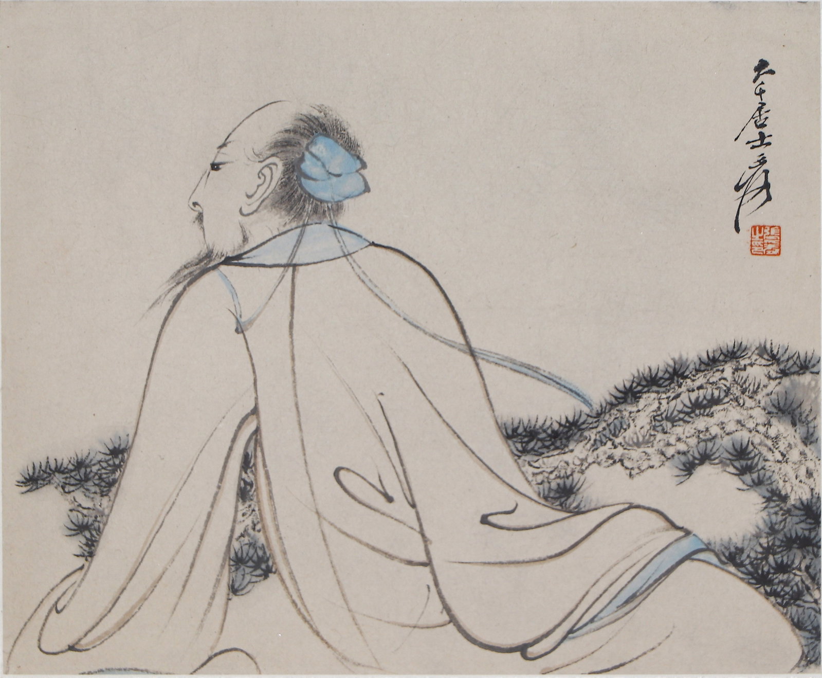 A CHINESE PAINTING OF SCHOLAR, SIGNED ZHANG DAQIAN: A CHINESE PAINTING OF SCHOLAR, SIGNED ZHANG DAQIAN This delicate ink and color painting, signed Zhang Daqian, depicts a seated scholar in traditional robes, gazing thoughtfully into the distance. Exec