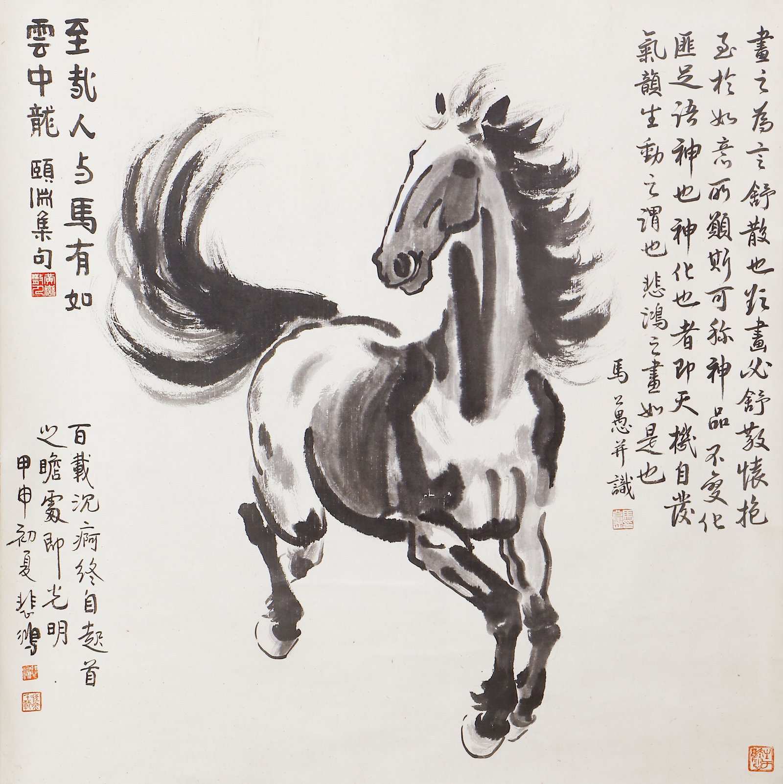 A CHINESE PAINTING OF HORSE SIGNED XU BEIHONG: A CHINESE PAINTING OF HORSE SIGNED XU BEIHONG This ink on paper painting, measuring 100 x 100 cm, depicts a spirited galloping horse in Xu Beihong?s iconic style. Rendered with bold, expressive brushs