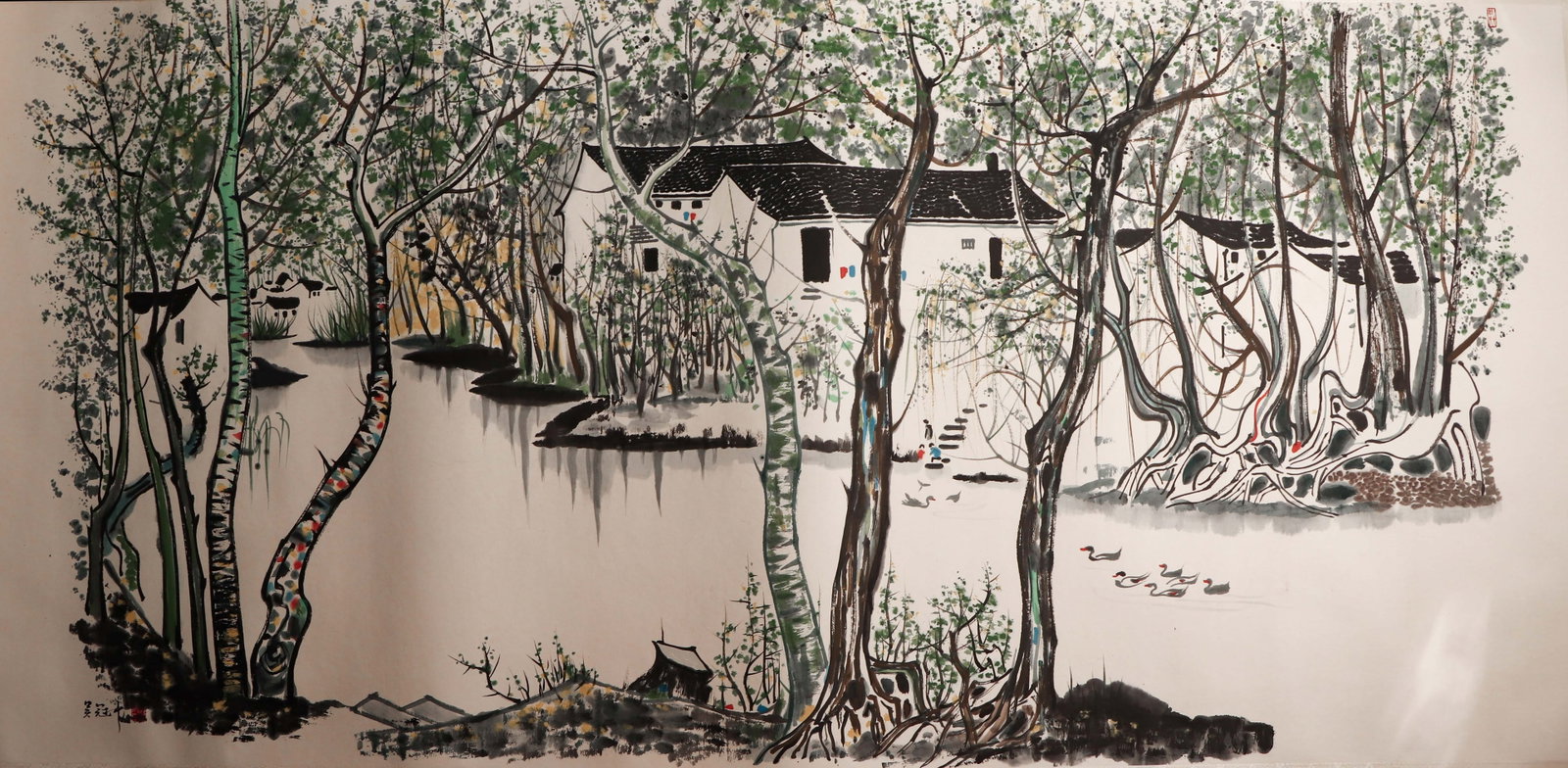 A CHINESE PAINTING OF LANDSCAPE SIGNED WU GUANZHONG: A CHINESE PAINTING OF LANDSCAPE SIGNED WU GUANZHONG This large-scale horizontal ink and colour on paper painting, measuring 245 x 120 cm, depicts a serene water town in Wu Guanzhong?s signature lyrica