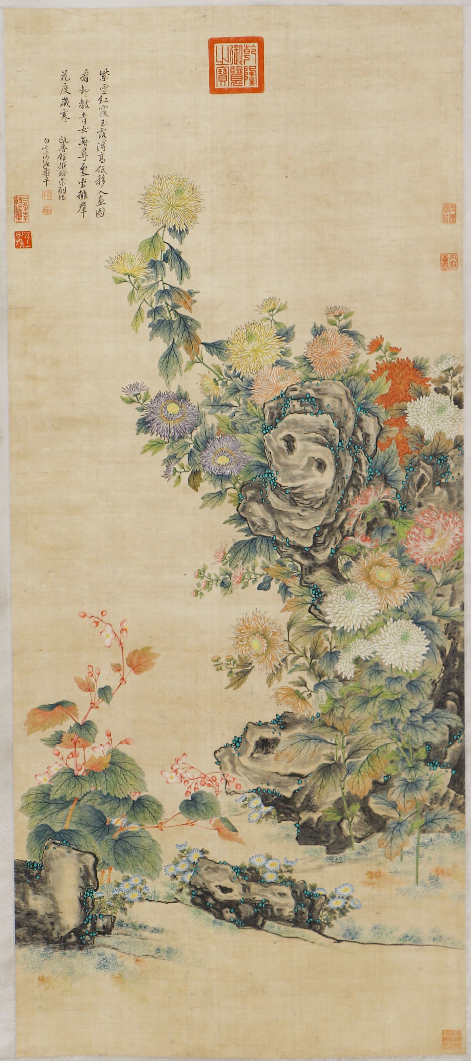 A CHINESE PAINTING OF FLOWERS, SIGNED YUN SHOUPING: A CHINESE PAINTING OF FLOWERS, SIGNED YUN SHOUPING This exquisite hanging scroll, attributed to the Qing dynasty master Yun Shouping, depicts vibrant chrysanthemums and seasonal blooms growing around 