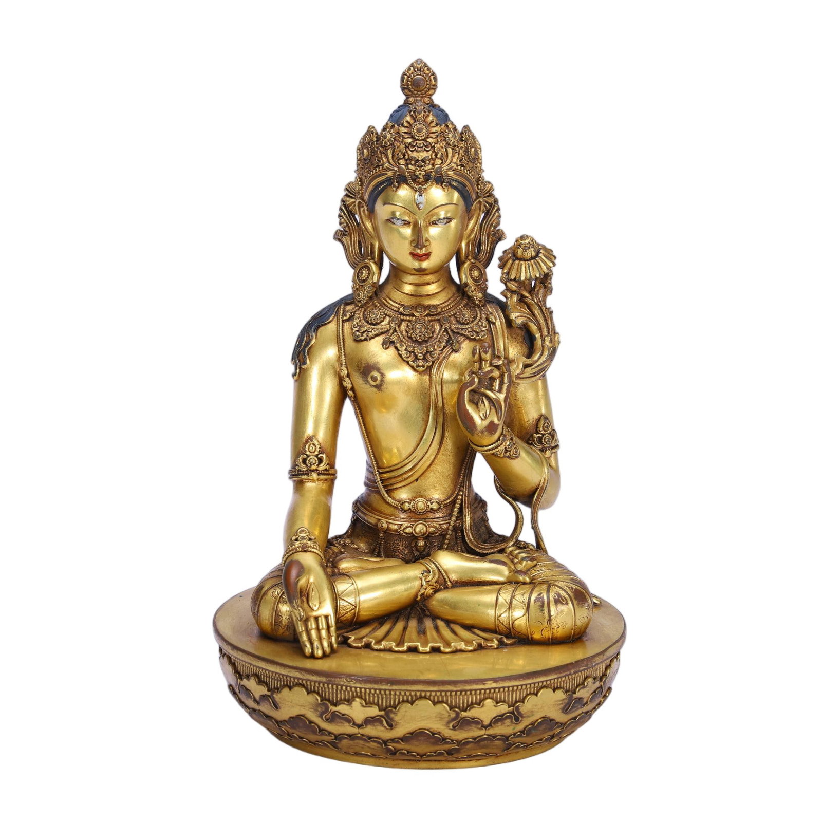 Chinese Gilt Copper Buddha Statue: Chinese Gilt Copper Buddha Statue A finely crafted Chinese gilt copper Buddha statue, depicted seated in padmasana on an ornate lotus base. The figure wears an elaborate crown and detailed jewellery, 