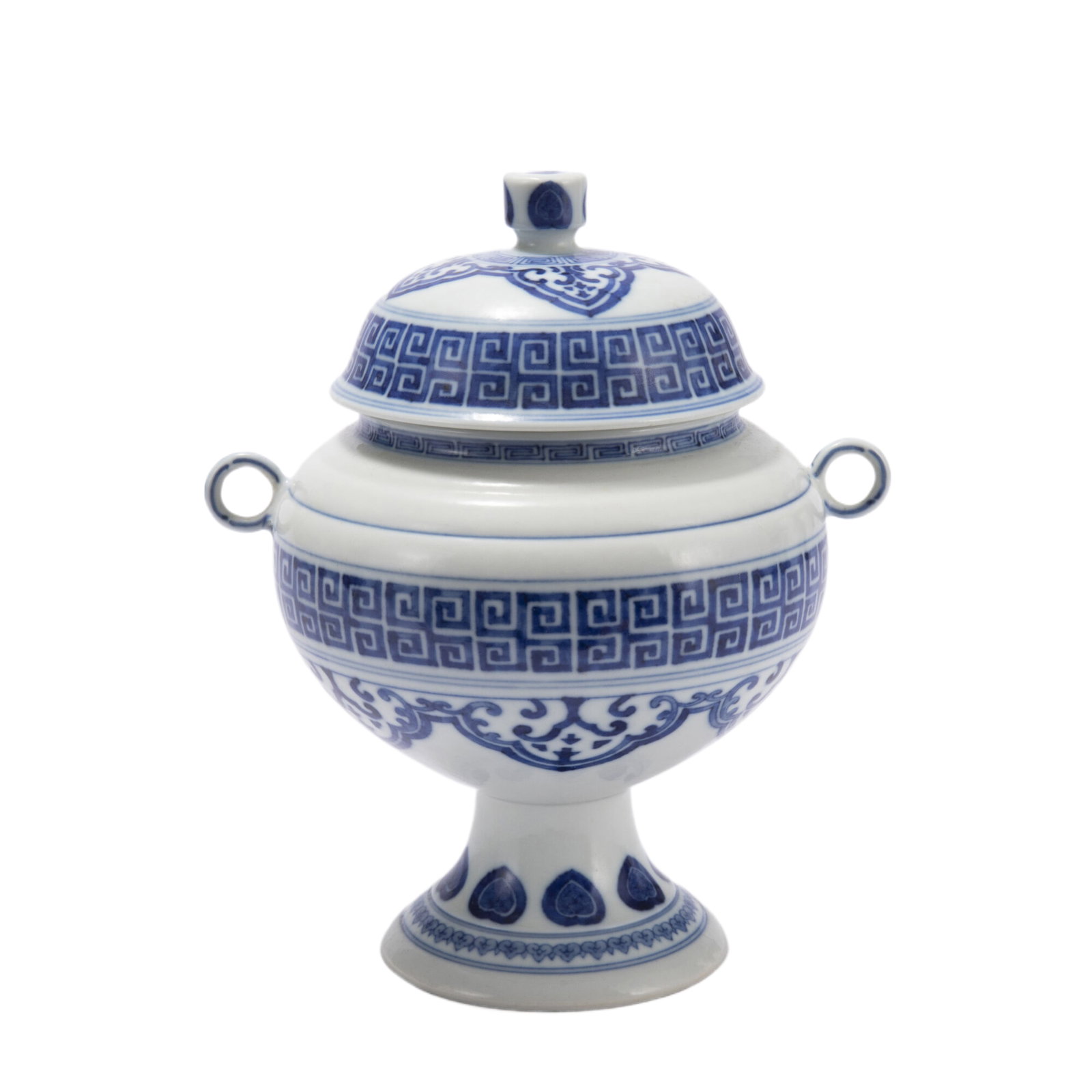 A BLUE AND WHITE PORCELAIN LIDDED JAR,QIANLONG: A BLUE AND WHITE PORCELAIN LIDDED JAR,QIANLONG Rising from a slightly splayed foot to a high-shoulder body flanked by pair round handles, blow a dome cover, decorated with stylized bands at the