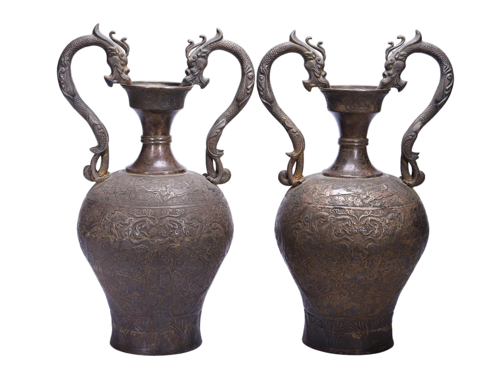 A Pair of Chinese Silver Dragon Vases (1 of 9)