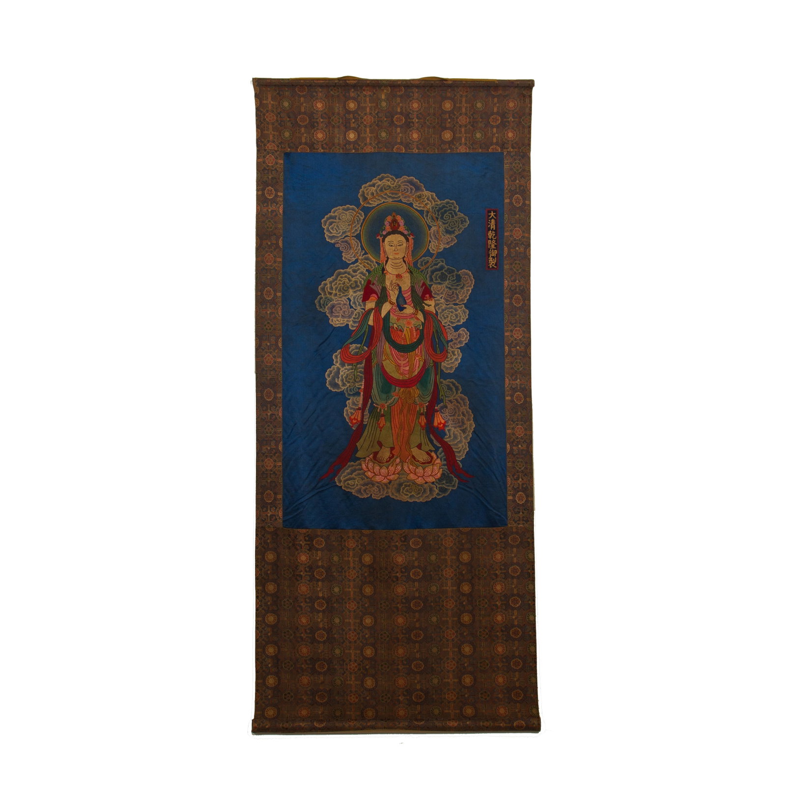 Chinese Seed-Stitch Embroidery Guanyin Hanging Scroll: Chinese Seed-Stitch Embroidery Guanyin Hanging Scroll A devotional Chinese hanging scroll featuring a seed-stitch embroidery of Guanyin. The bodhisattva is depicted standing on a lotus pedestal