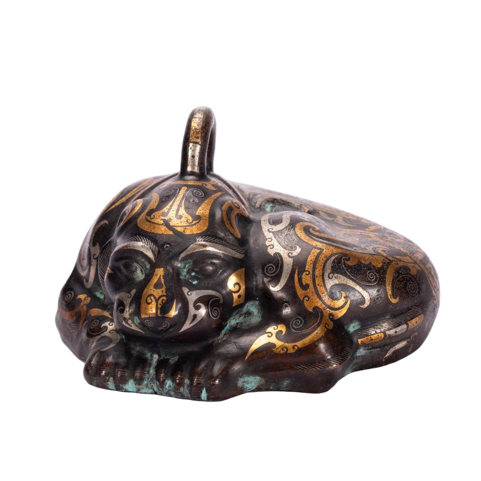 Chinese Gold and Silver Inlaid Bronze Recumbent Beast Weight (1 of 10)