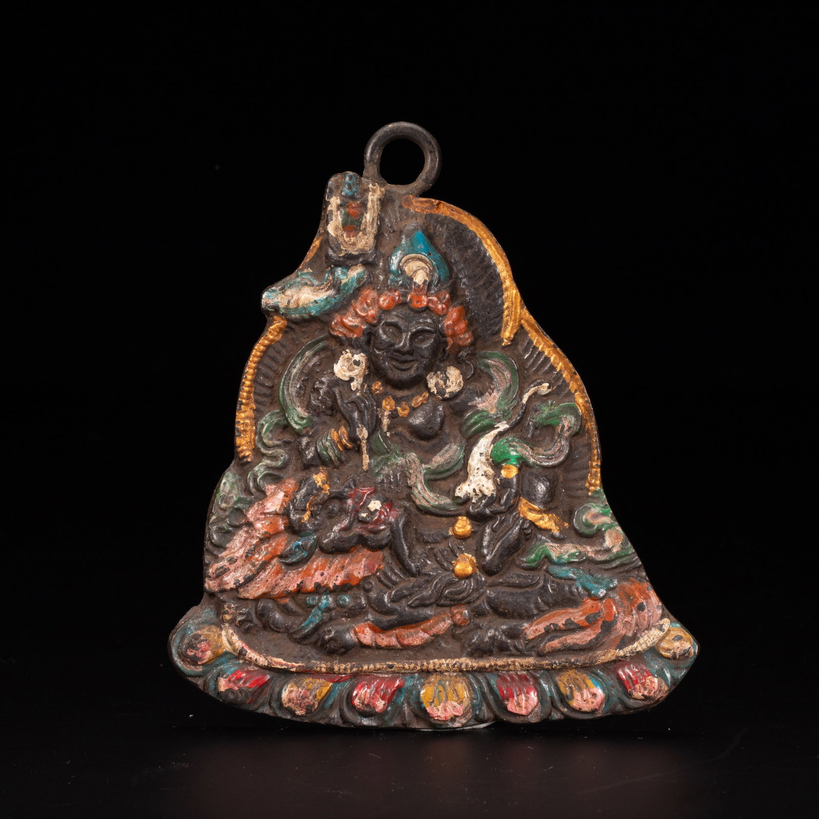 Chinese Tibetan Polychrome Bronze Wealth Deity Pendant (1 of 6)