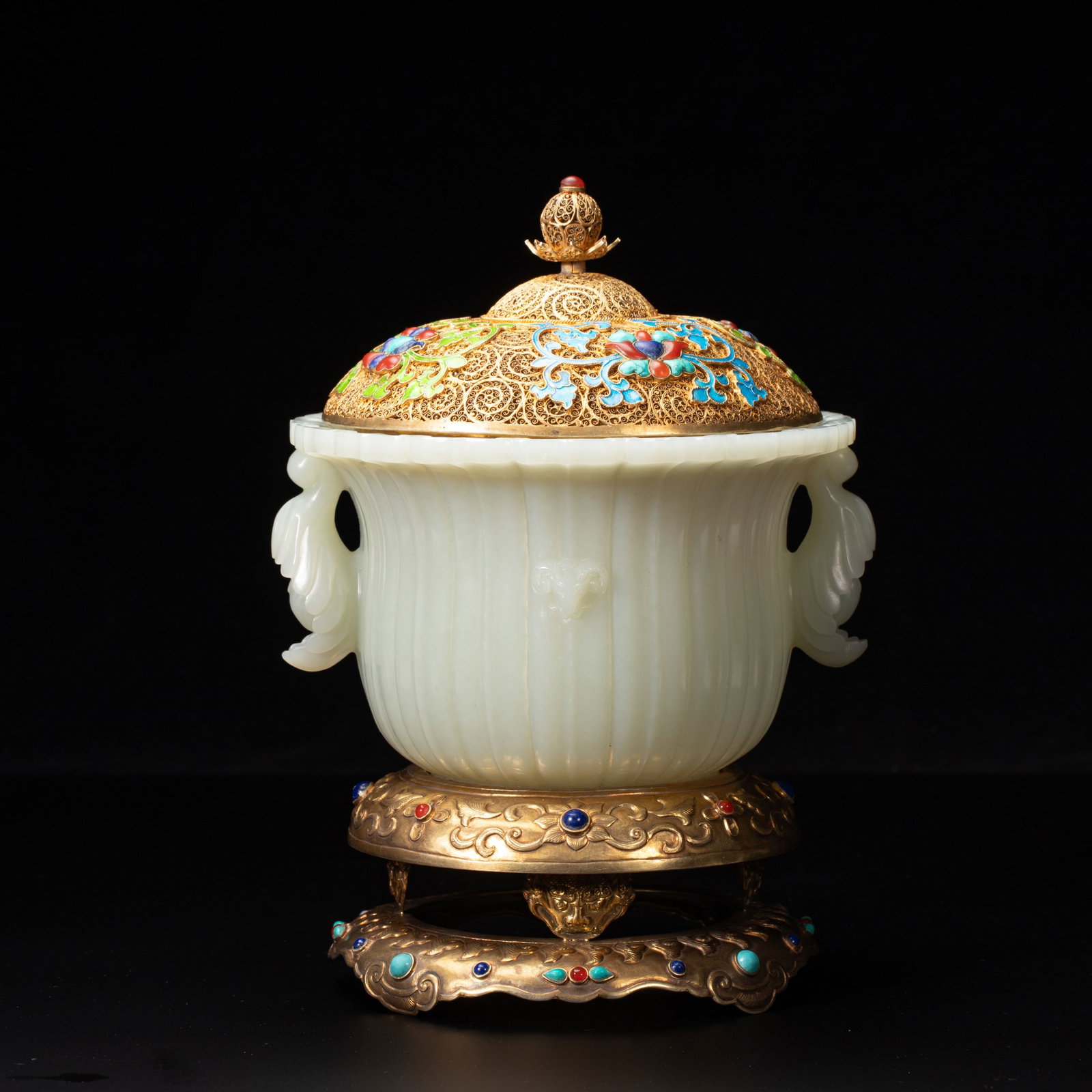 Chinese Hetian Jade Censer with Gilt Filigree and Gemstone Inlay (1 of 12)
