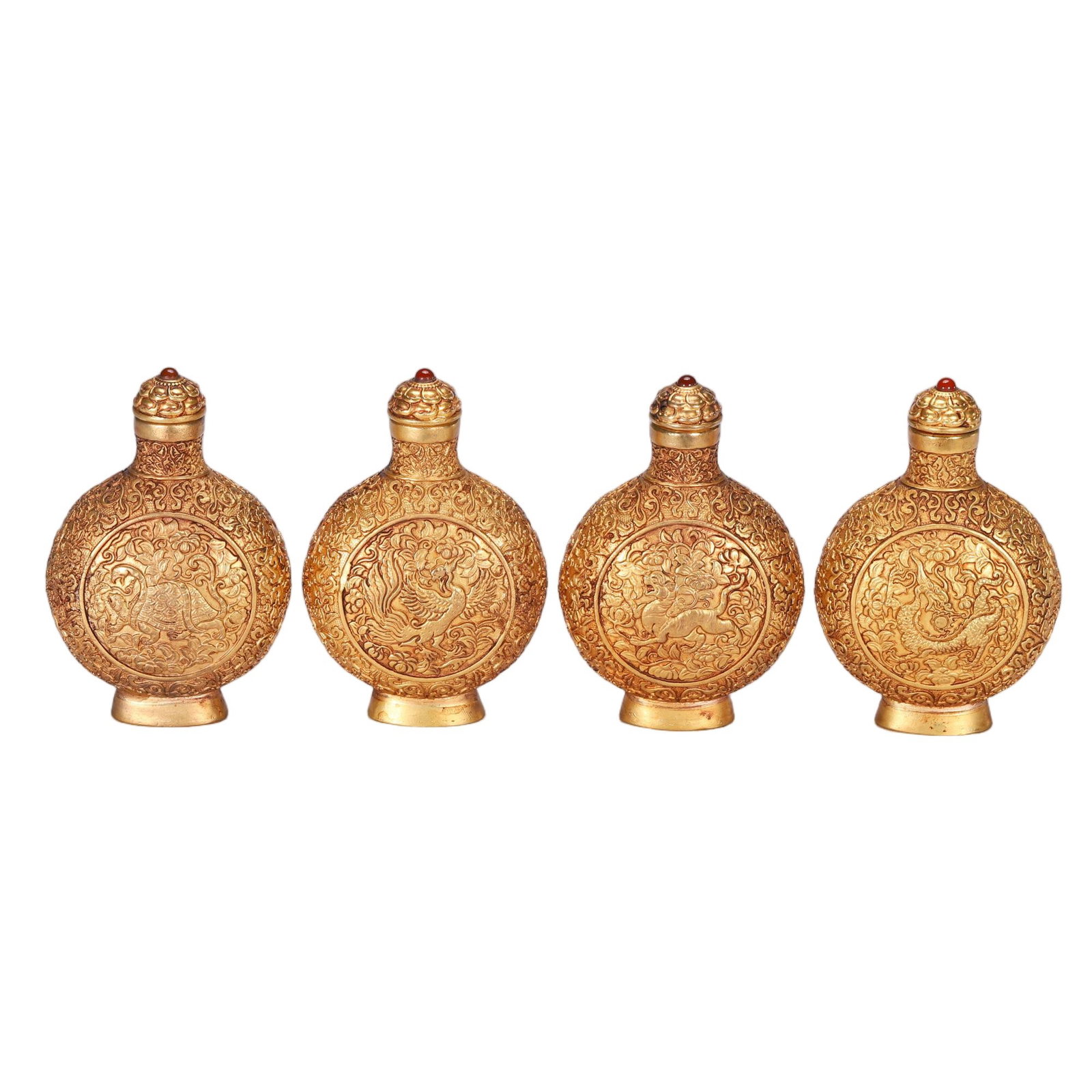 A Set of Four Chinese Gilt Bronze Snuff Bottles (1 of 9)