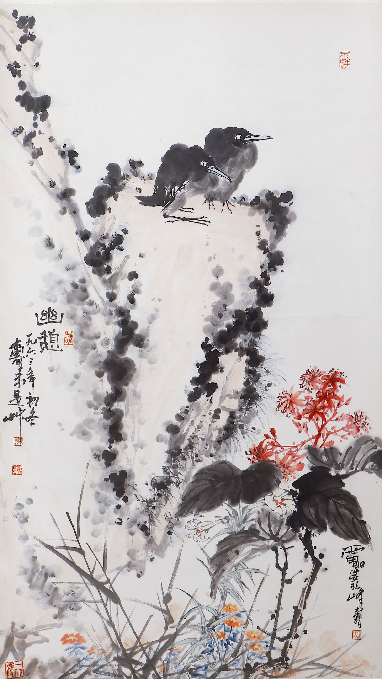 A CHINESE PAINTING OF TWO BIRDS SIGNED PAN TIANSHOU (1 of 8)