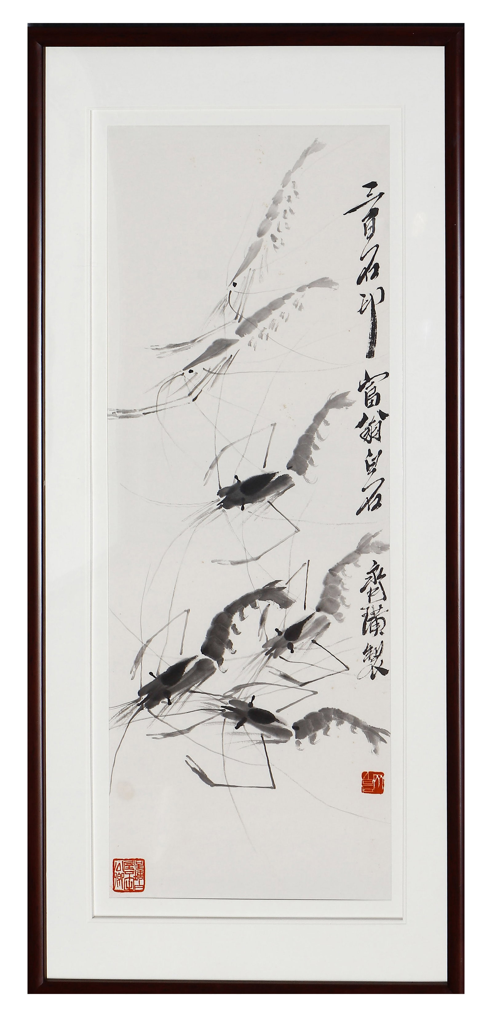 A CHINESE PAINTING OF SHRIMPS, SIGNED QI BAISHI: A CHINESE PAINTING OF SHRIMPS, SIGNED QI BAISHI This iconic framed ink-on-paper work, measuring 97 x 36 cm, depicts a lively school of shrimp in Qi Baishi?s signature style. With fluid, expressive bru