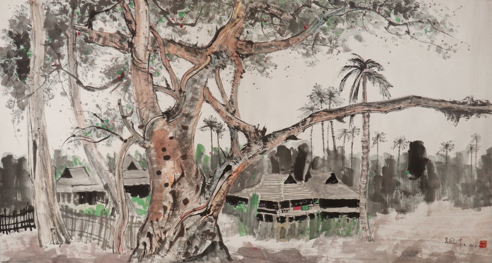 A CHINESE PAINTING OF LANDSCAPE SIGNED WU GUANZHONG: A CHINESE PAINTING OF LANDSCAPE SIGNED WU GUANZHONG This horizontal ink and colour on paper painting, measuring 178 x 94 cm, depicts a tropical village scene in Wu Guanzhong?s signature modernist styl