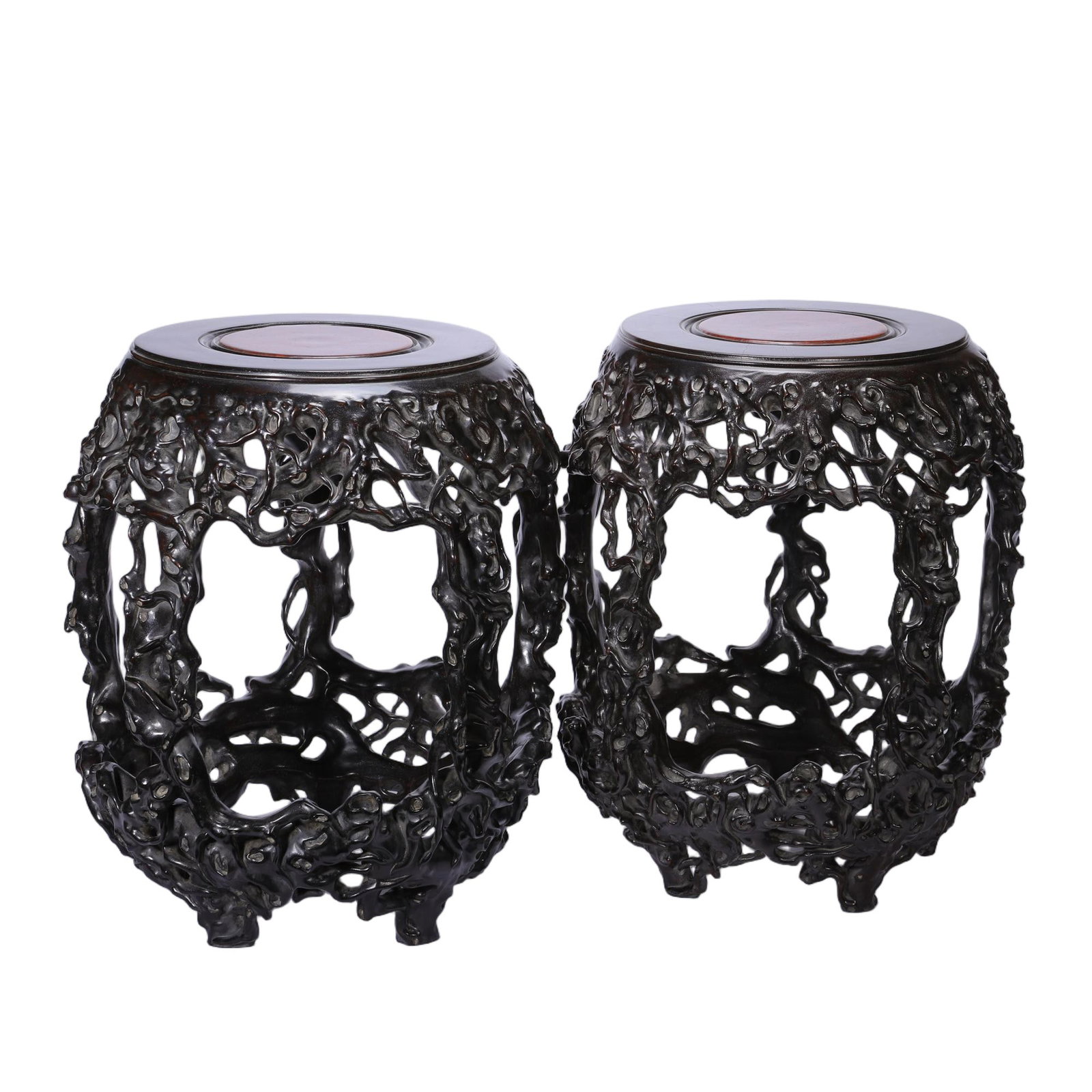 A Pair of Chinese Zitan Wood Drum Stools with Cherry Wood Inlay (1 of 9)