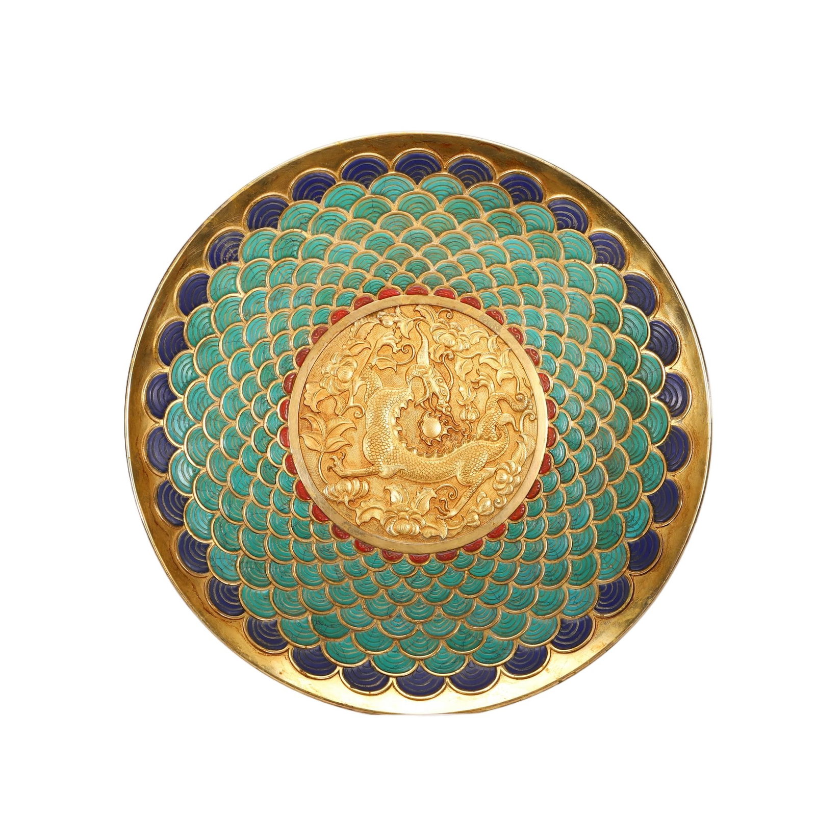 A Chinese Gilt Bronze Turquoise-Inlaid Dragon Plate (1 of 9)