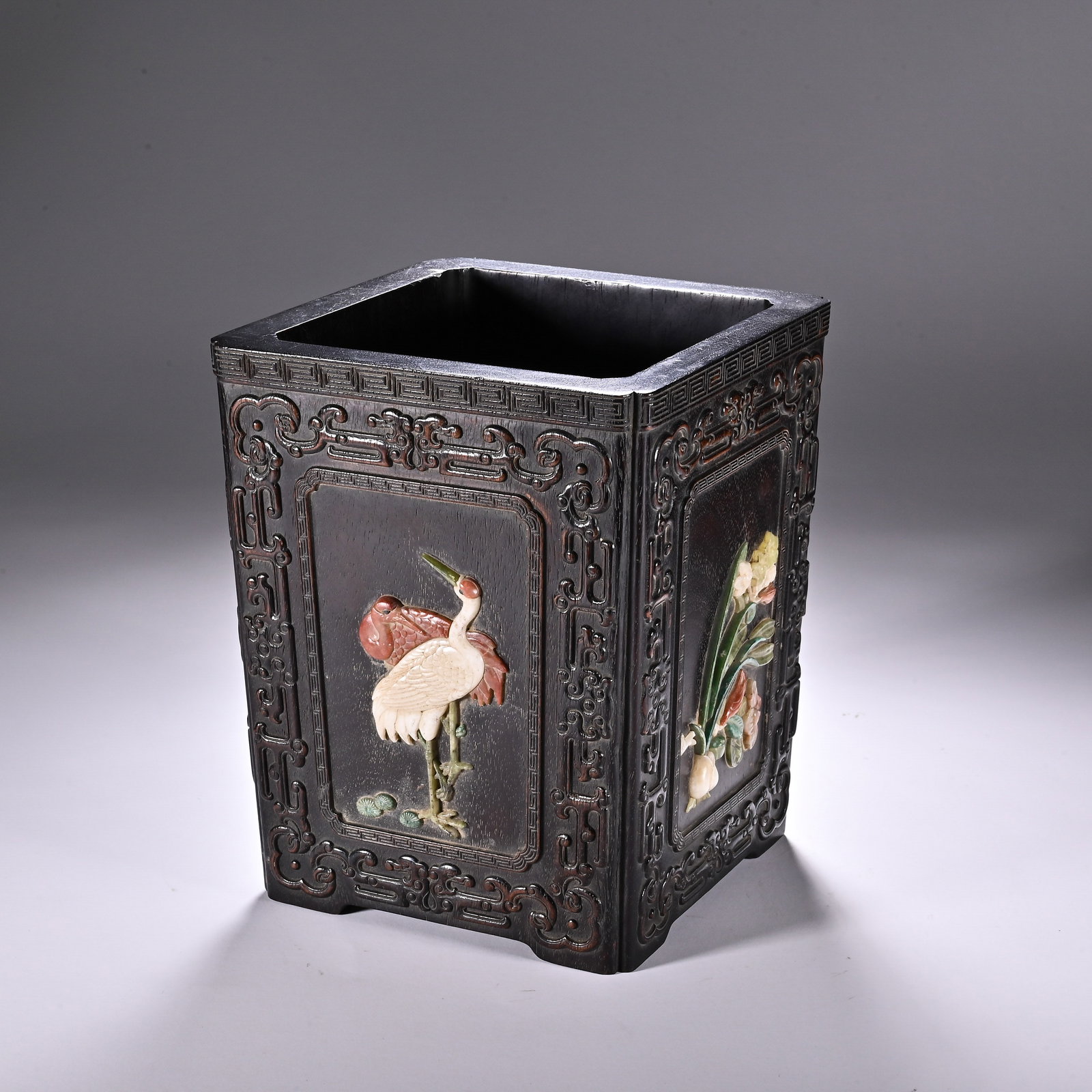 A Chinese Zitan Wood Square Brush Pot with Precious Stone Inlay (1 of 9)