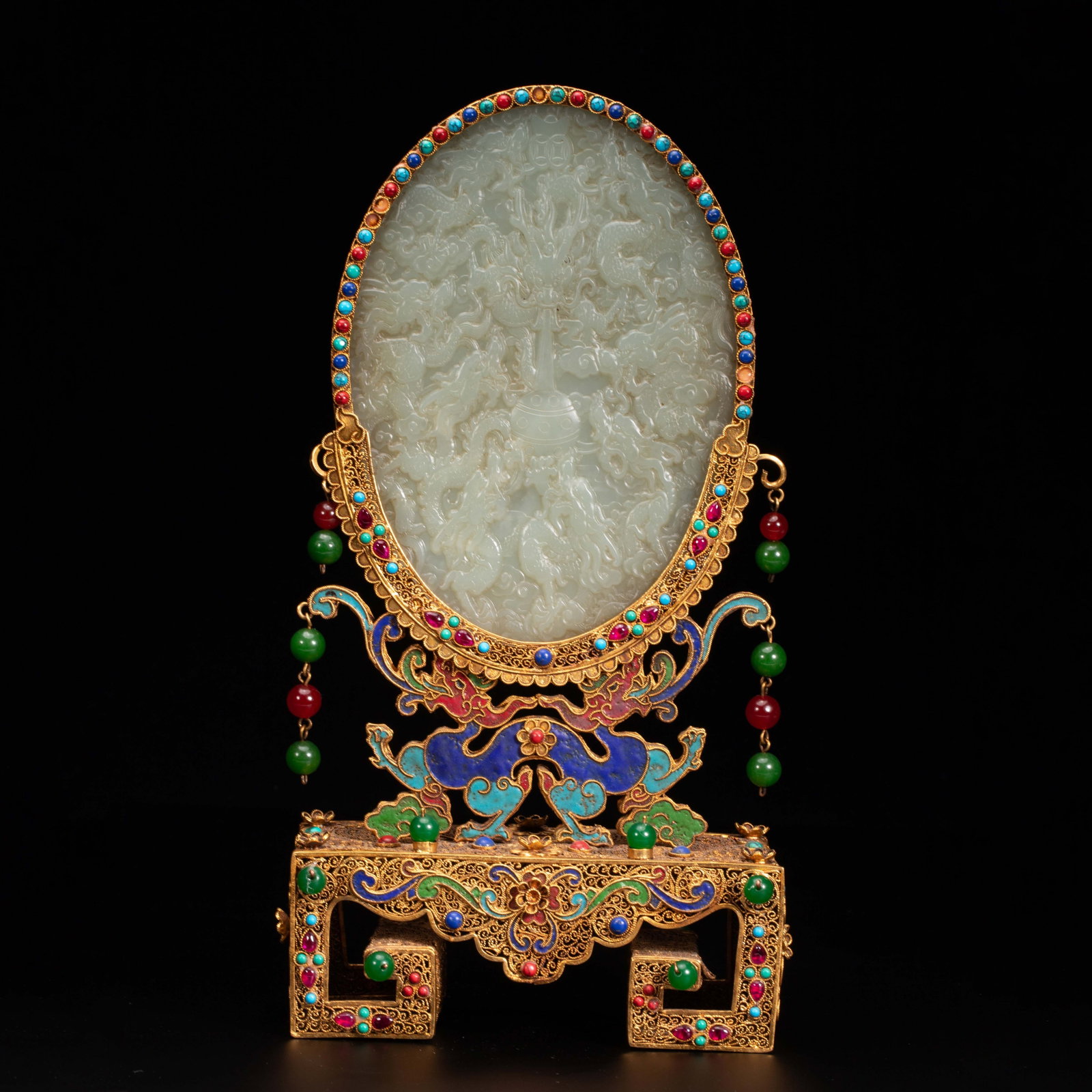 Chinese Hetian Jade Table Screen with Gilt Filigree and Gemstone Inlay (1 of 9)