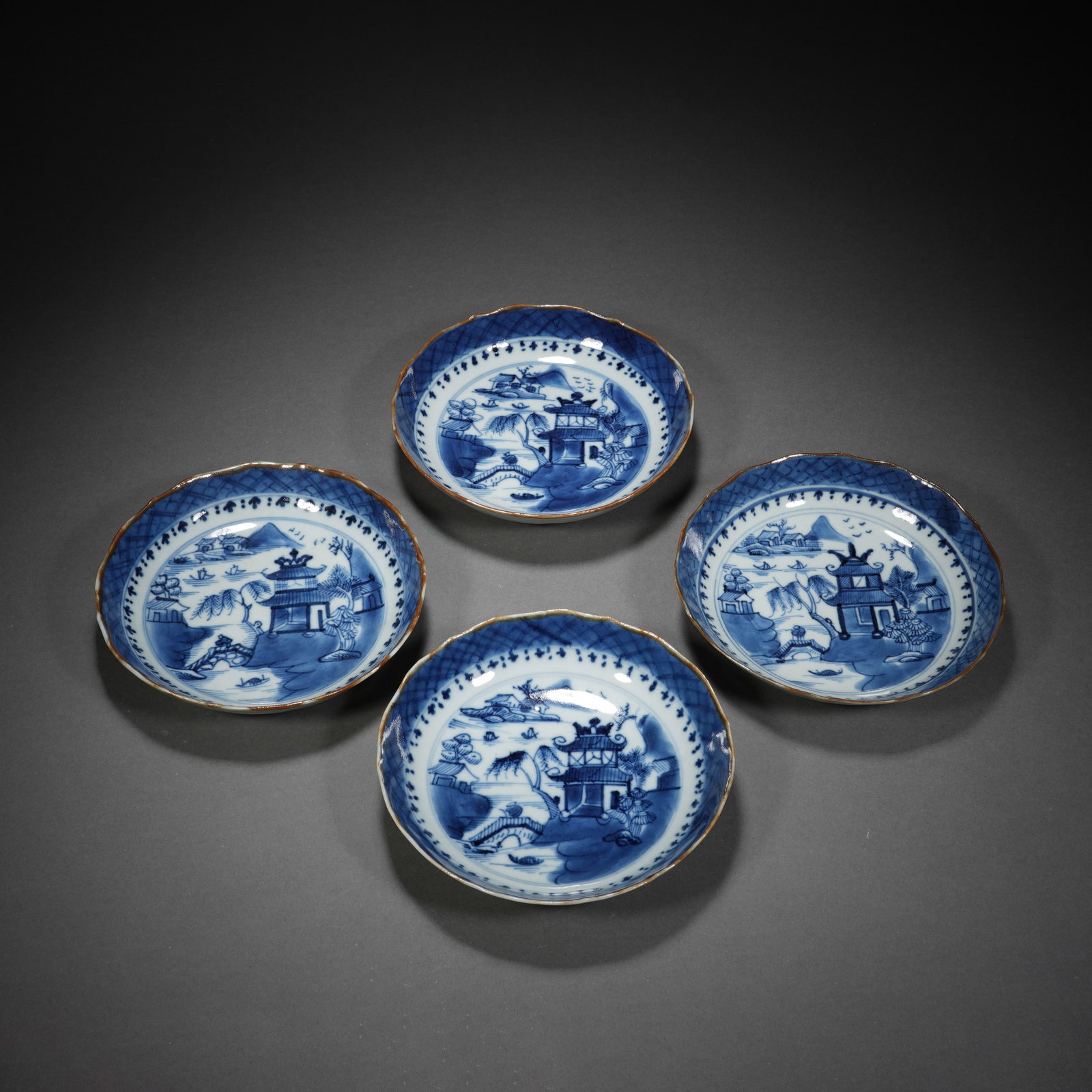 Set of Four Chinese Blue and White Landscape Dishes (1 of 10)