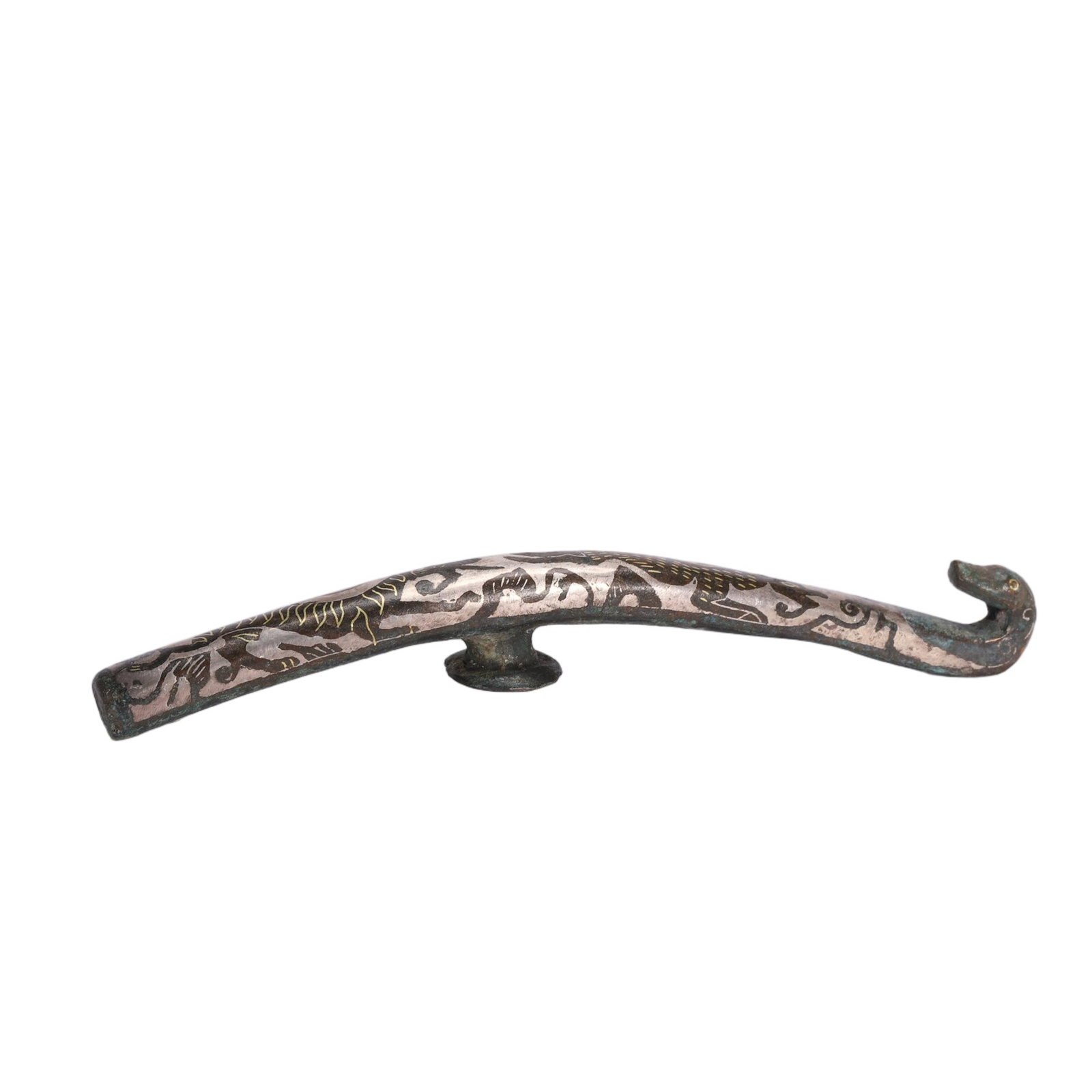 A Chinese Bronze Belt Hook with Gold and Silver Inlay: A Chinese Bronze Belt Hook with Gold and Silver Inlay This ancient Chinese belt hook measures 12 cm in length. The curved body is cast in bronze, adorned with intricate gold and silver inlay depicting