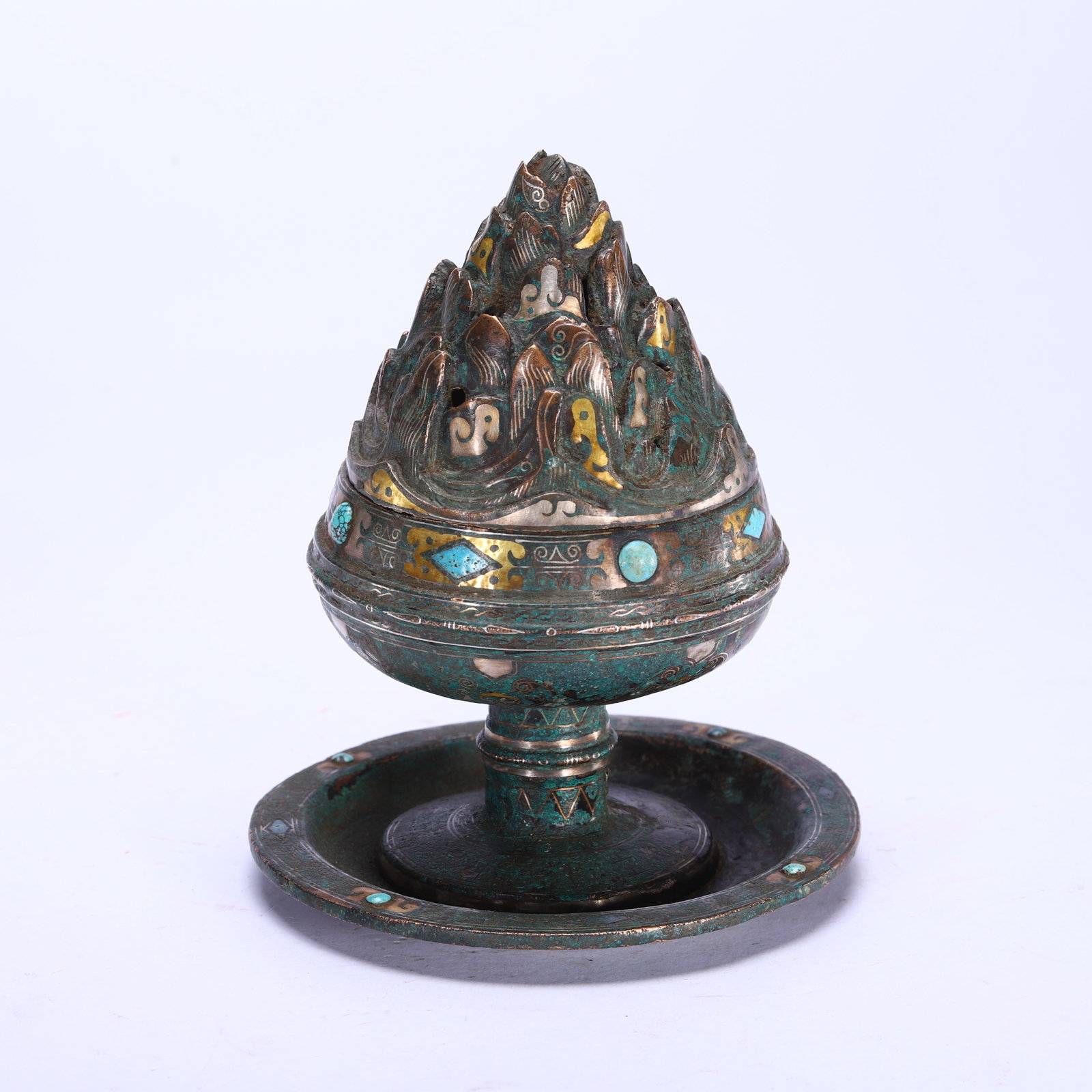 Chinese Bronze Gold and Silver Inlaid Turquoise Boshan Censer (1 of 9)