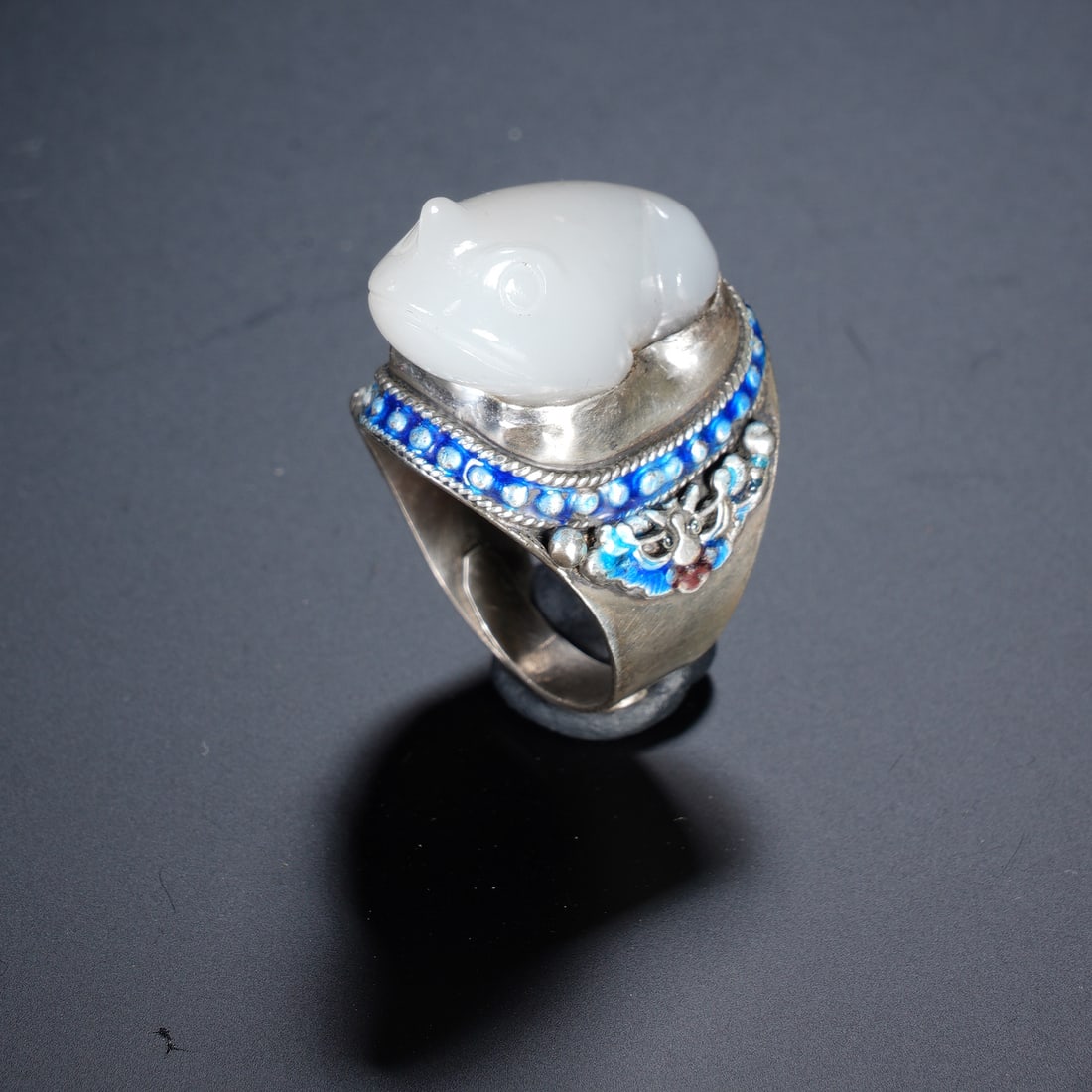 Chinese Silver Enamel and White Jade Toad Ring (1 of 8)