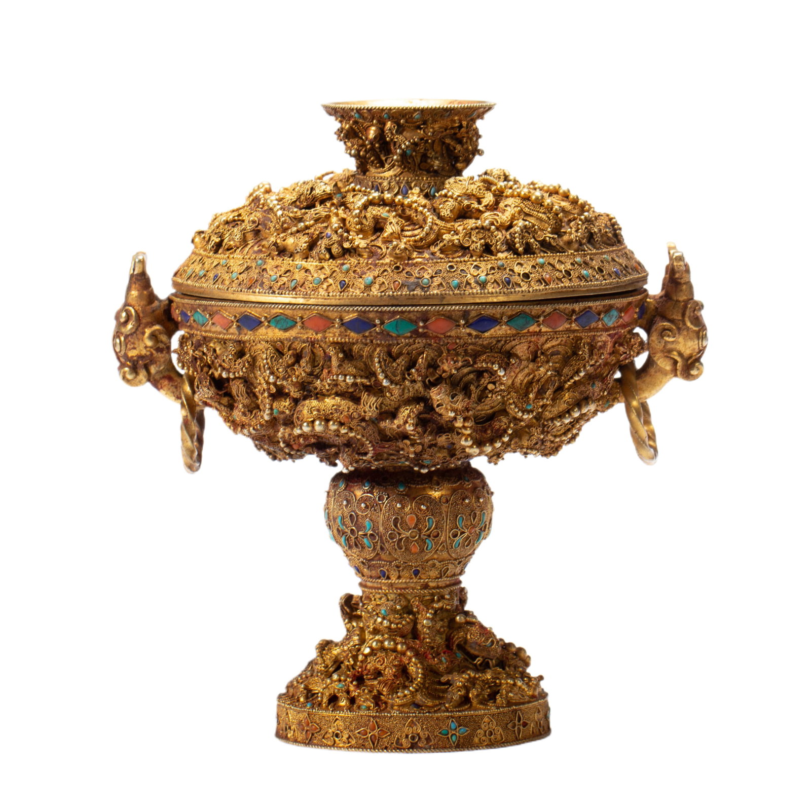 A CHINESE GILT SILVER GEM-INSET CENSER: A CHINESE GILT SILVER GEM-INSET CENSER An ornate lidded censer crafted from gilt silver, exquisitely worked with elaborate filigree and high-relief dragon carvings across the domed cover, rounded body
