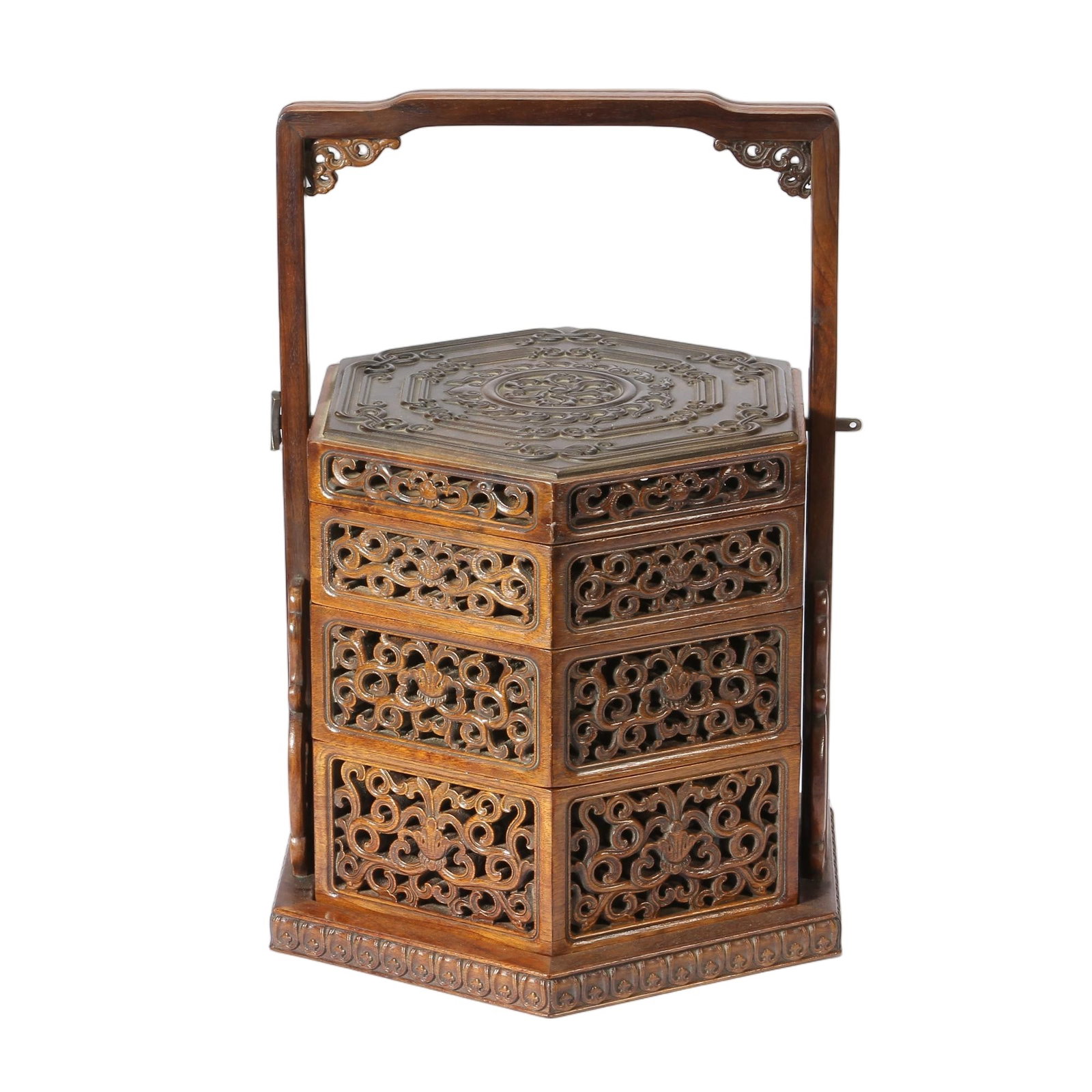 A CHINESE GOLDEN PHOEBE WOOD HEXAGONAL TIERED FOOD BASKET: A CHINESE GOLDEN PHOEBE WOOD HEXAGONAL TIERED FOOD BASKET This hexagonal portable tiered food box is crafted from fine golden phoebe wood showcasing warm natural honey-toned grain. It consists of thre
