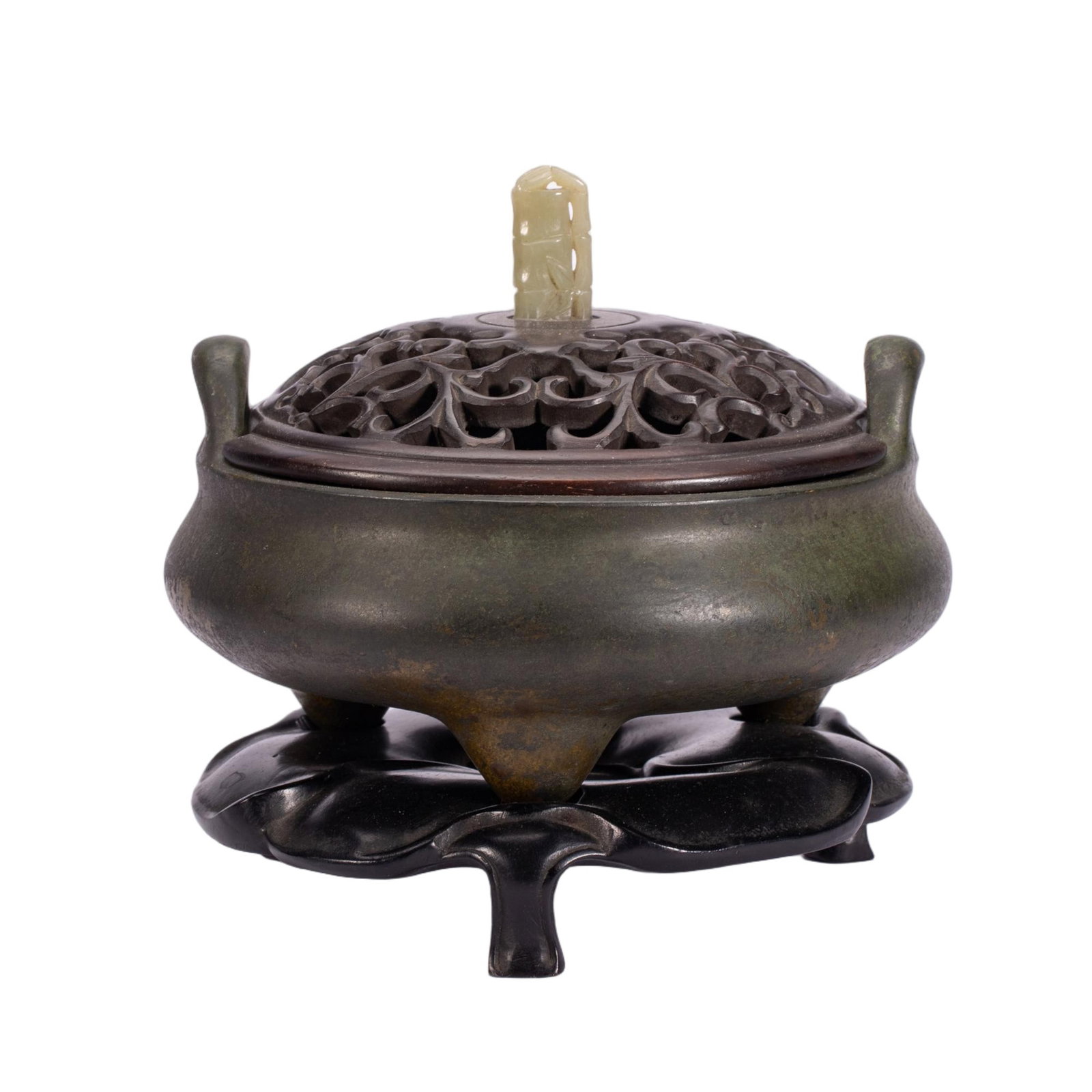 A CHINESE BRONZE TRIPOD CENSER: A CHINESE BRONZE TRIPOD CENSER This bulbous bronze censer stands on three tapered triangular feet with a pair of upright looped flanking ears rising from the rim. It is fitted with a carved hardwood