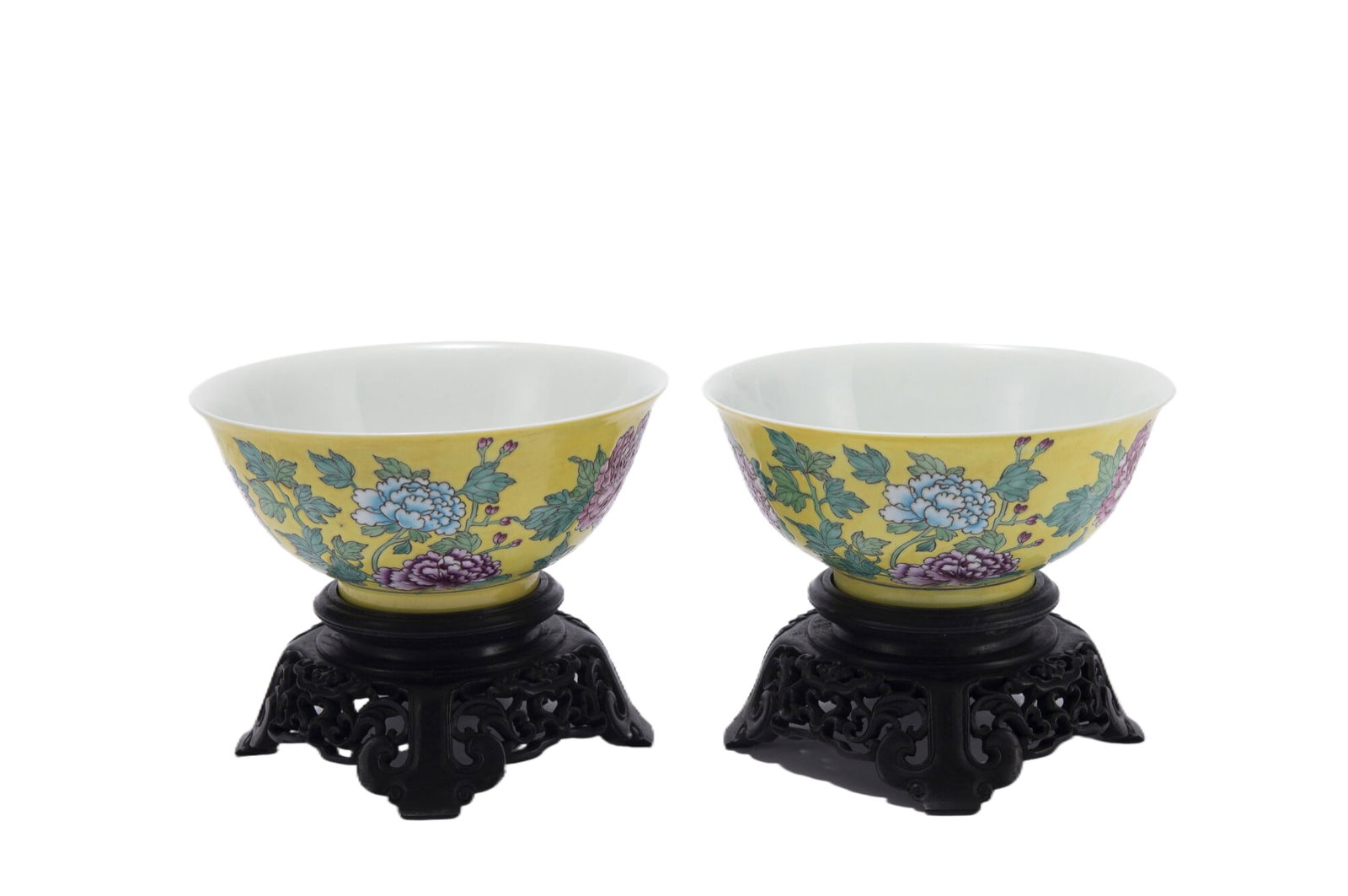 PAIR PAINTED ENAMEL PEONY BOWLS: PAIR PAINTED ENAMEL PEONY BOWLS The deep rounded sides rising from a slightly tapered foot to an everted rim, the exterior painted in peony against yellow ground, matched wooden stands. DIMENSIONS: Di
