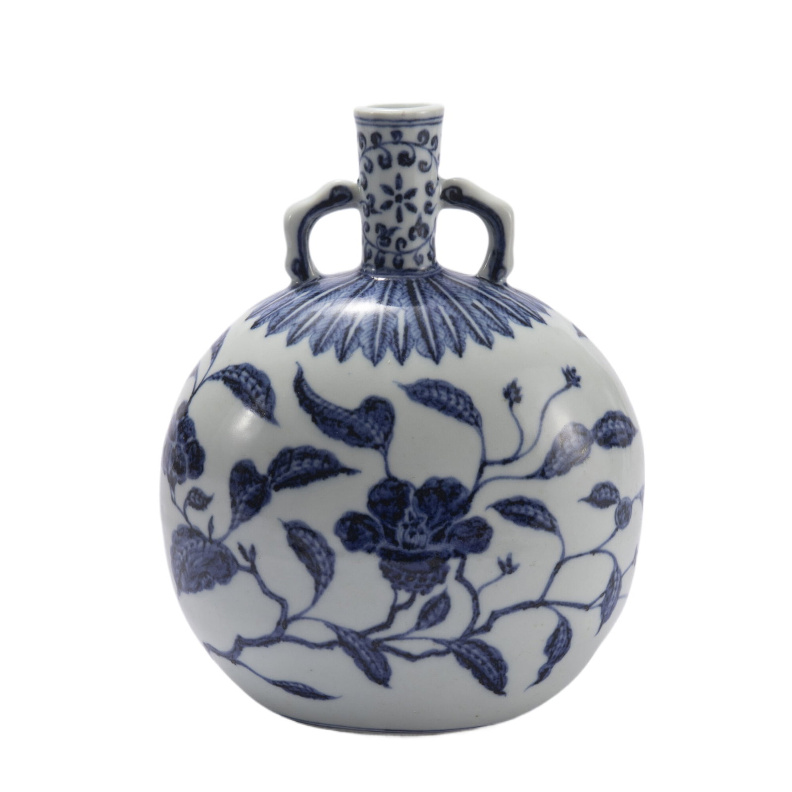 A CHINESE BLUE AND WHITE PORCELAIN FLASK MOON VASE (1 of 9)