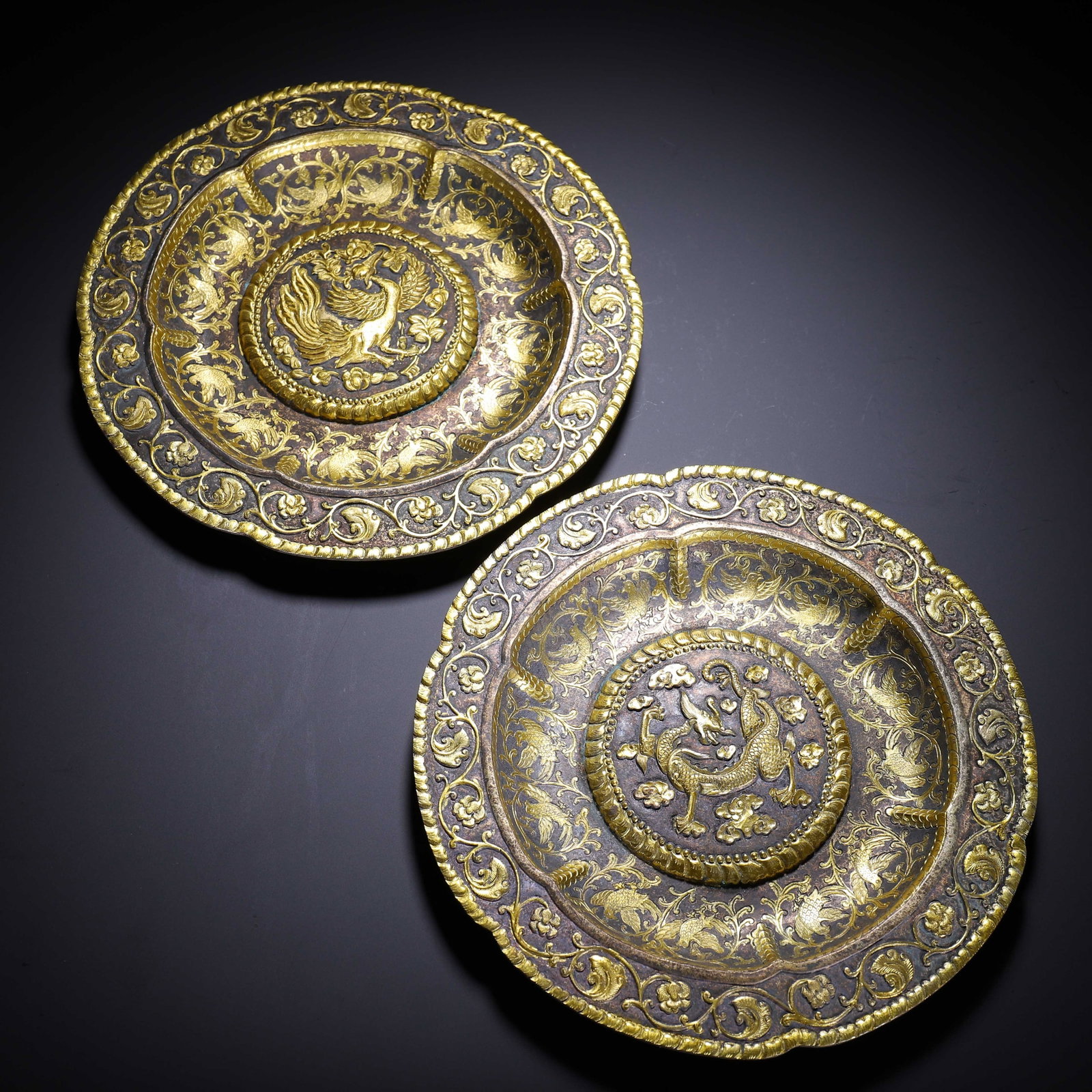 A PAIR OF CHINESE GILT BRONZE DRAGON PHOENIX DISHES (1 of 9)