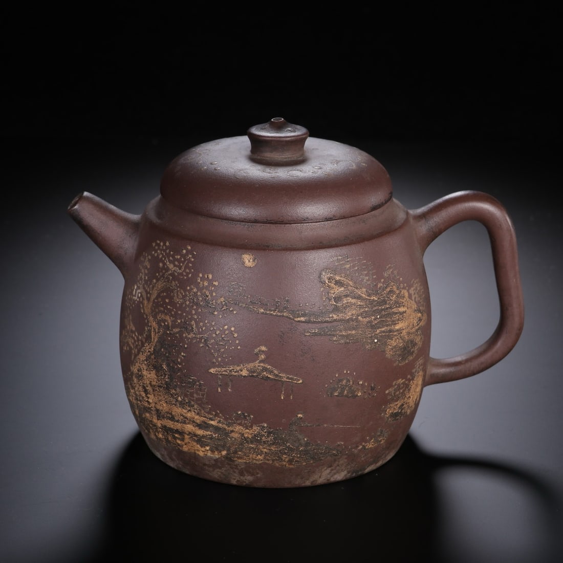 A CHINESE YIXING ZISHA TEAPOT WITH SLIP-PAINTED LANDSCAPE (1 of 9)