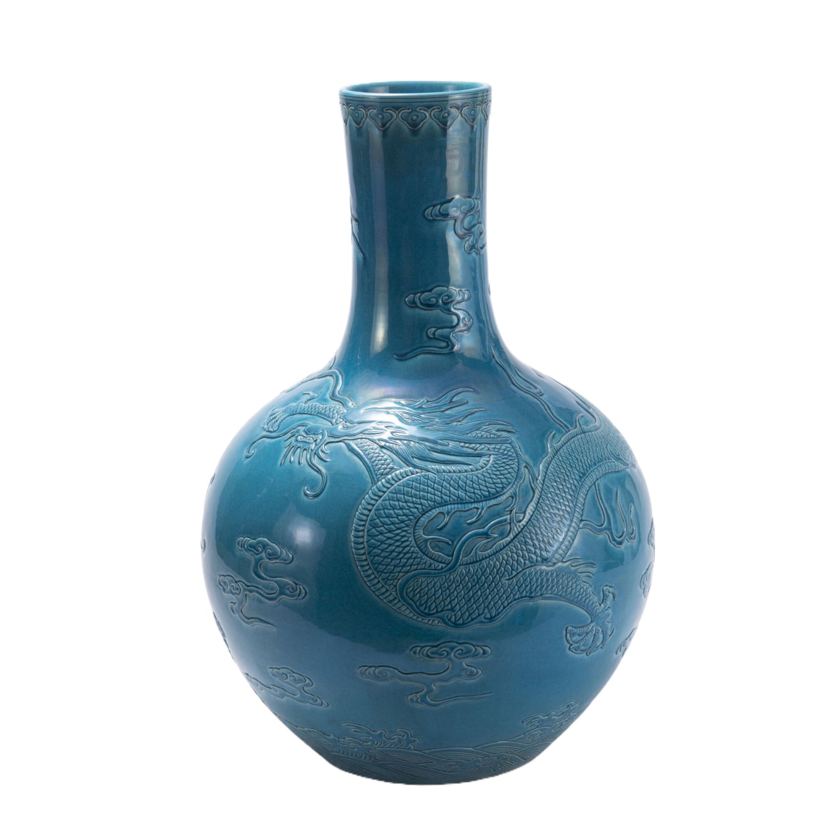 A CHINESE TURQUOISE GLAZED DRAGON GLOBULAR VASE: A CHINESE TURQUOISE GLAZED DRAGON GLOBULAR VASE The vase incised at the exterior with leaping dragon flying among clouds, applied overall with turquoise glaze. DIMENSIONS: Diam. 28.5 cm. H. 48 cm. HAV