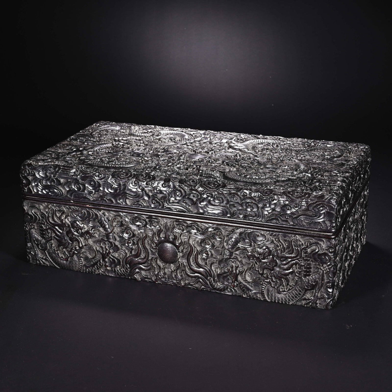 A CHINESE ZITAN WOOD DRAGON CARVED STORAGE BOX (1 of 9)