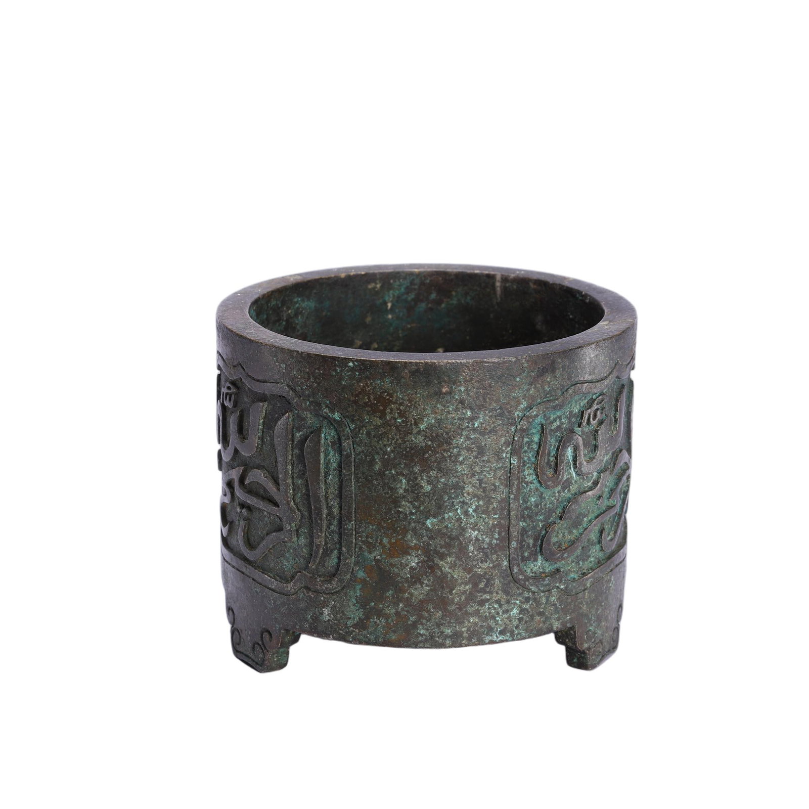 A CHINESE ARABIC SCRIPT BRONZE CENSER: A CHINESE ARABIC SCRIPT BRONZE CENSER This cylindrical bronze censer stands supported by three short decorative bracket feet, entirely coated in thick natural verdigris patina with mottled brown under