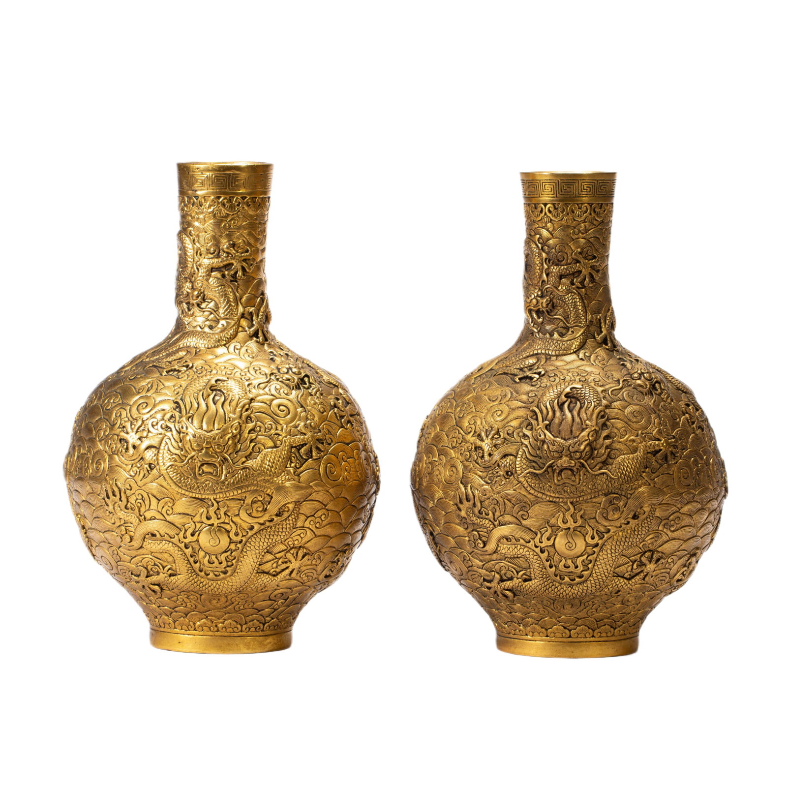 A PAIR OF CHINESE GILT COPPER DRAGON VASES (1 of 9)