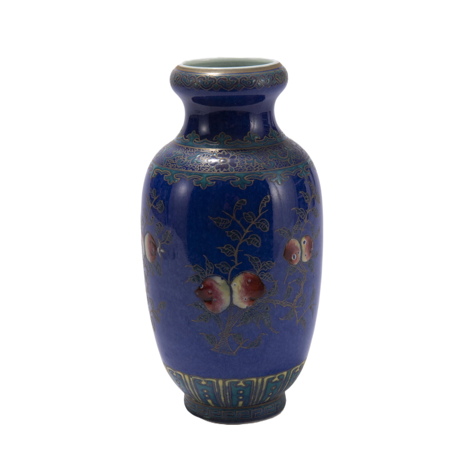A CHINESE BLUE GLAZE GOLD PAINTED PEACHES PORCELAIN VASE (1 of 9)