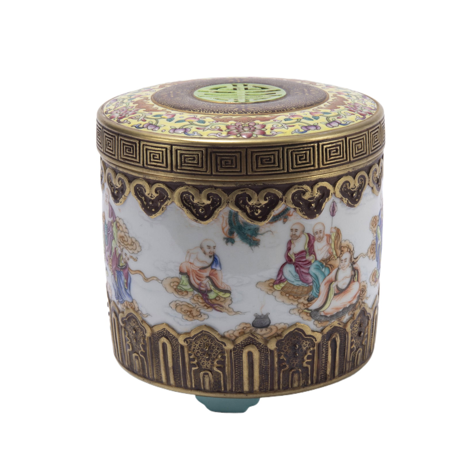 A CHINESE FAMILLE ROSE LUOHAN GROUP INCENSE BURNER: A CHINESE FAMILLE ROSE LUOHAN GROUP INCENSE BURNER Of cylindrical shape, the vessel supported on four short feet, painted luohan group at the exterior in famille rose glaze, surmounted by a cover. DIM