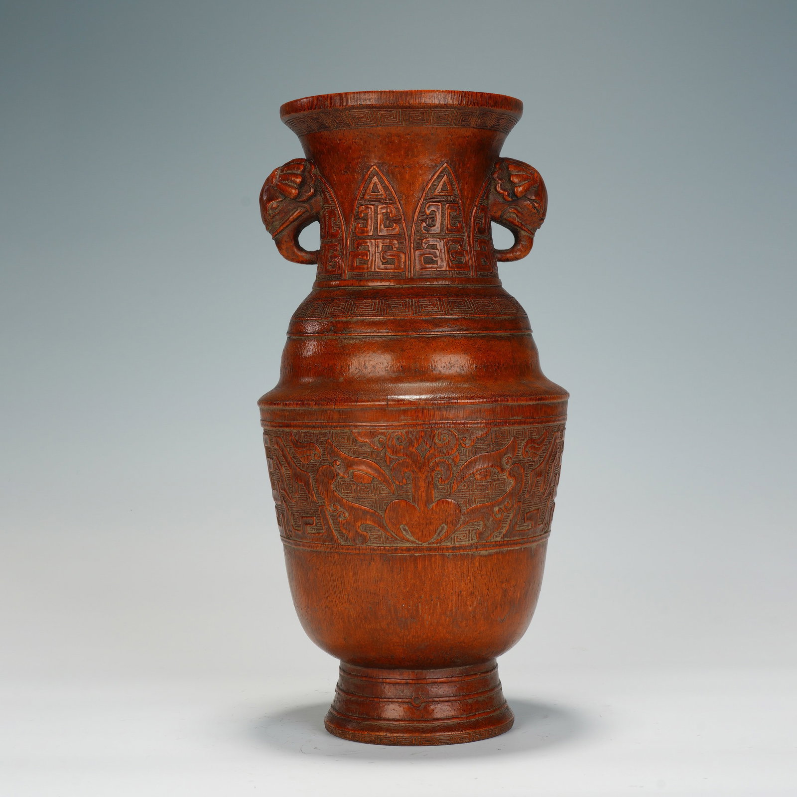 A CHINESE CARVED BAMBOO ROOT DOUBLE-EARED VASE (1 of 10)