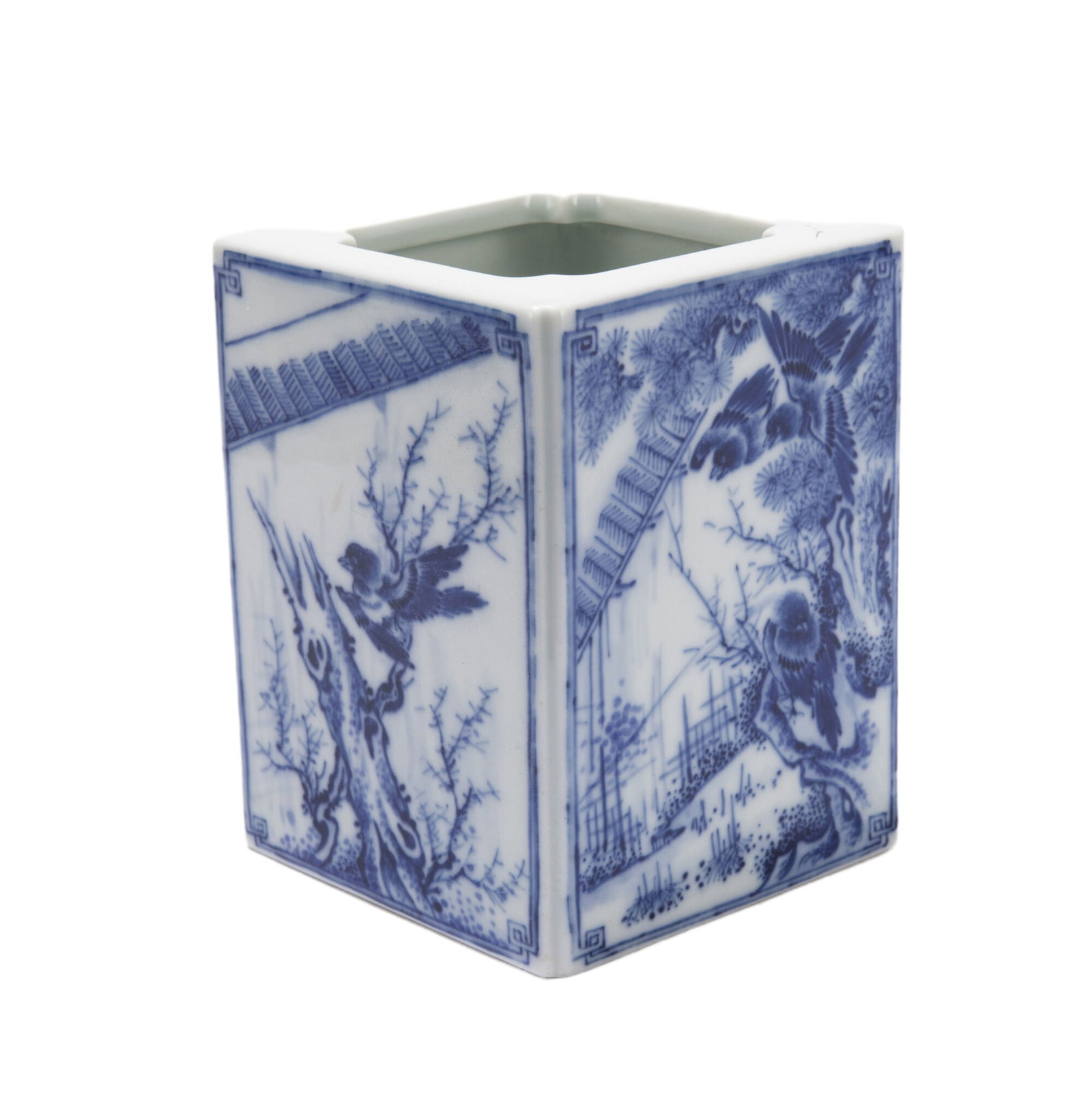 A BLUE AND WHITE PORCELAIN BRUSH POT: A BLUE AND WHITE PORCELAIN BRUSH POT Of rectangular shape, the brush pot painted sparrows in garden in detail in cobalt blue. DIMENSIONS: L. 9.2 cm. W. 9.2 cm. H. 11.8 cm. Weight 740 grams. HAVE A SIM