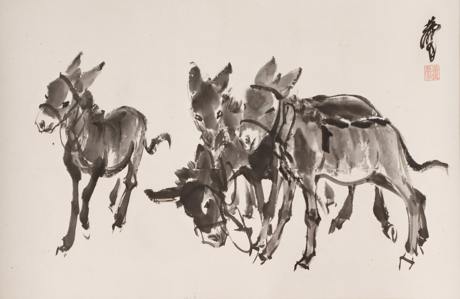A CHINESE PAINTING OF TWO DONKEYS, SIGNED HUANG ZHOU: A CHINESE PAINTING OF TWO DONKEYS, SIGNED HUANG ZHOU Vertical ink wash painting on paper, bearing Huang Zhou's signature and red artist seal at the upper left. The minimalist composition depicts two l