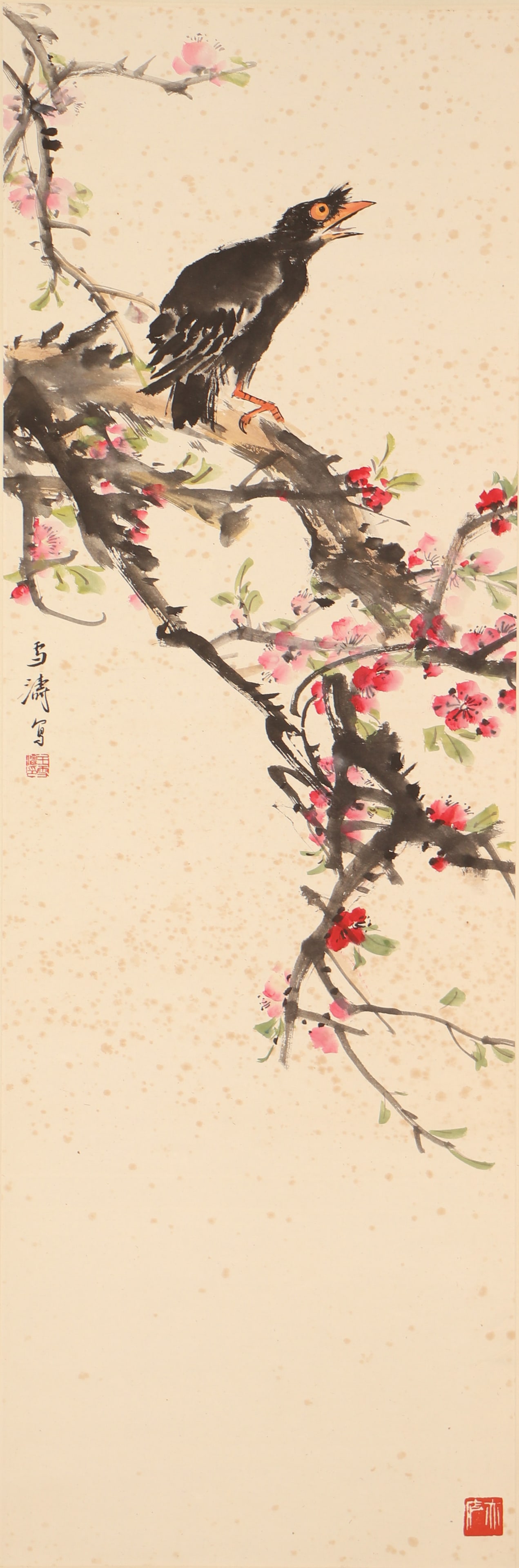 A CHINESE PAINTING OF MYNAH AND PEACH BLOSSOMS, SIGNED WANG XUETAO (1 of 6)